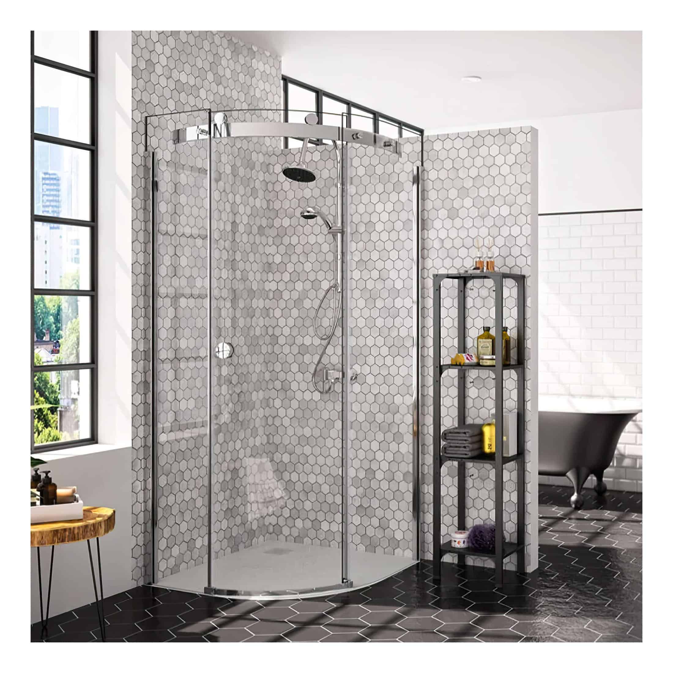 Sleek modern corner shower enclosure with clear glass doors and hexagonal tiled wall in a contemporary bathroom setting.