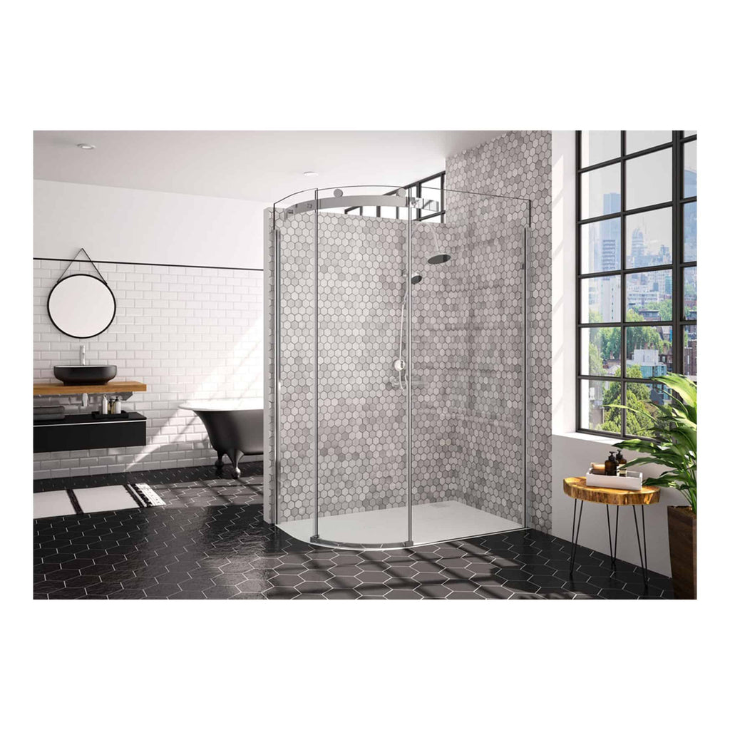 Modern glass corner shower enclosure with hexagonal tile walls in a contemporary bathroom design, featuring a freestanding bathtub, black and white colour scheme, and large city-view window.