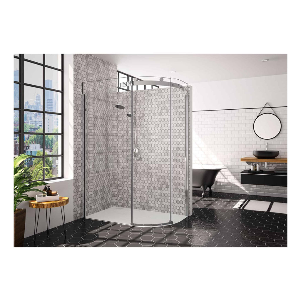Frosted glass shower enclosure with curved doors in a modern bathroom featuring black and white tiling, a freestanding bathtub, and stylish decor for contemporary bathroom design.