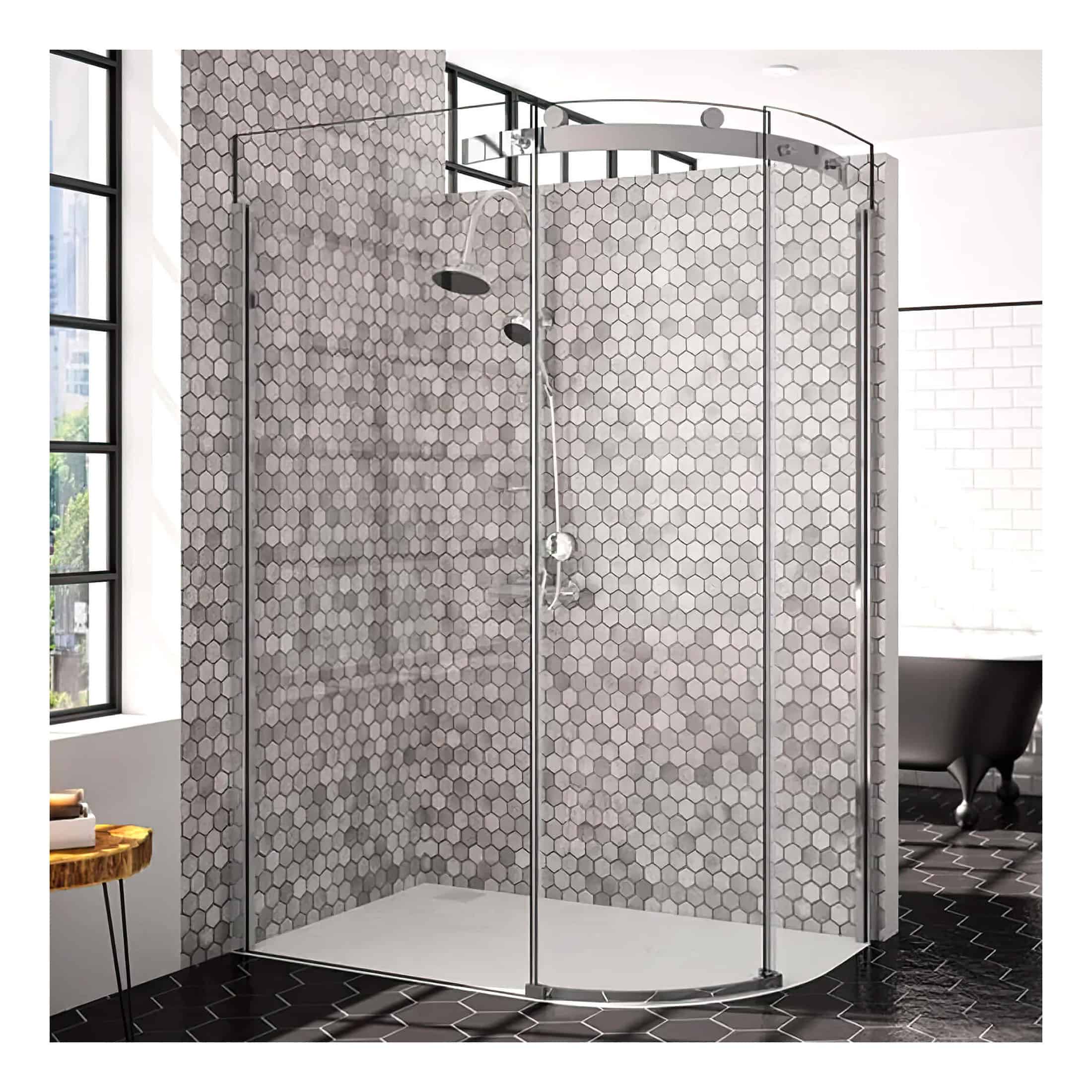 Shower enclosure with curved glass doors in a modern bathroom featuring hexagon tile walls and black floor tiles.