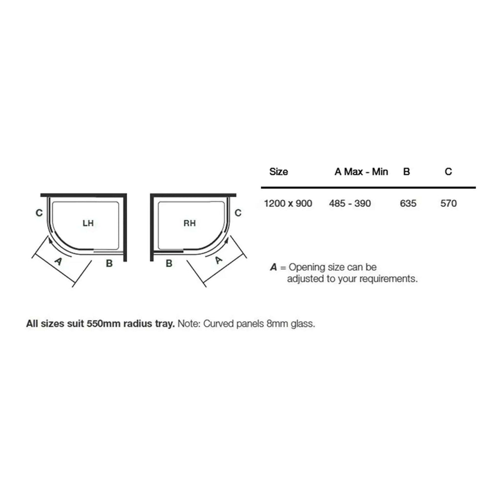 1240x900 bathroom shower enclosure layout diagram with dimensions and specifications for Bubly Bathrooms.