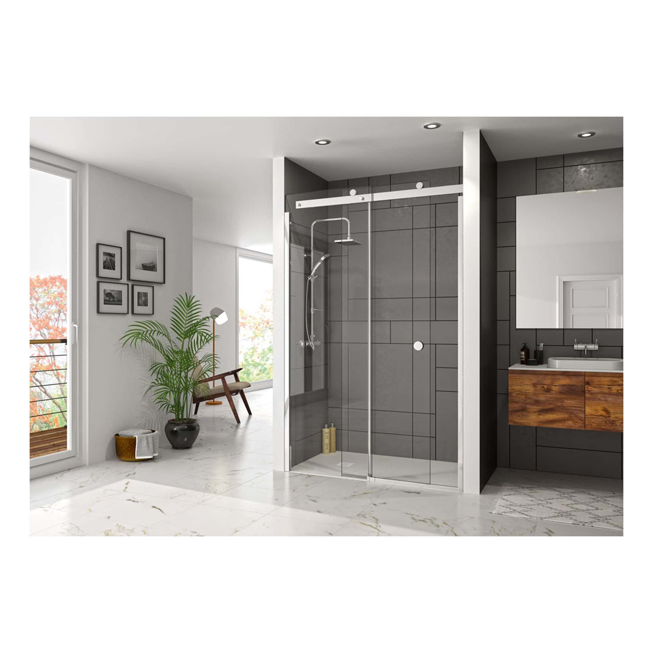 Sleek modern walk-in shower with glass enclosure, grey tiles, and rain showerhead in a stylish bathroom with natural light, minimalist decor, and contemporary design elements.