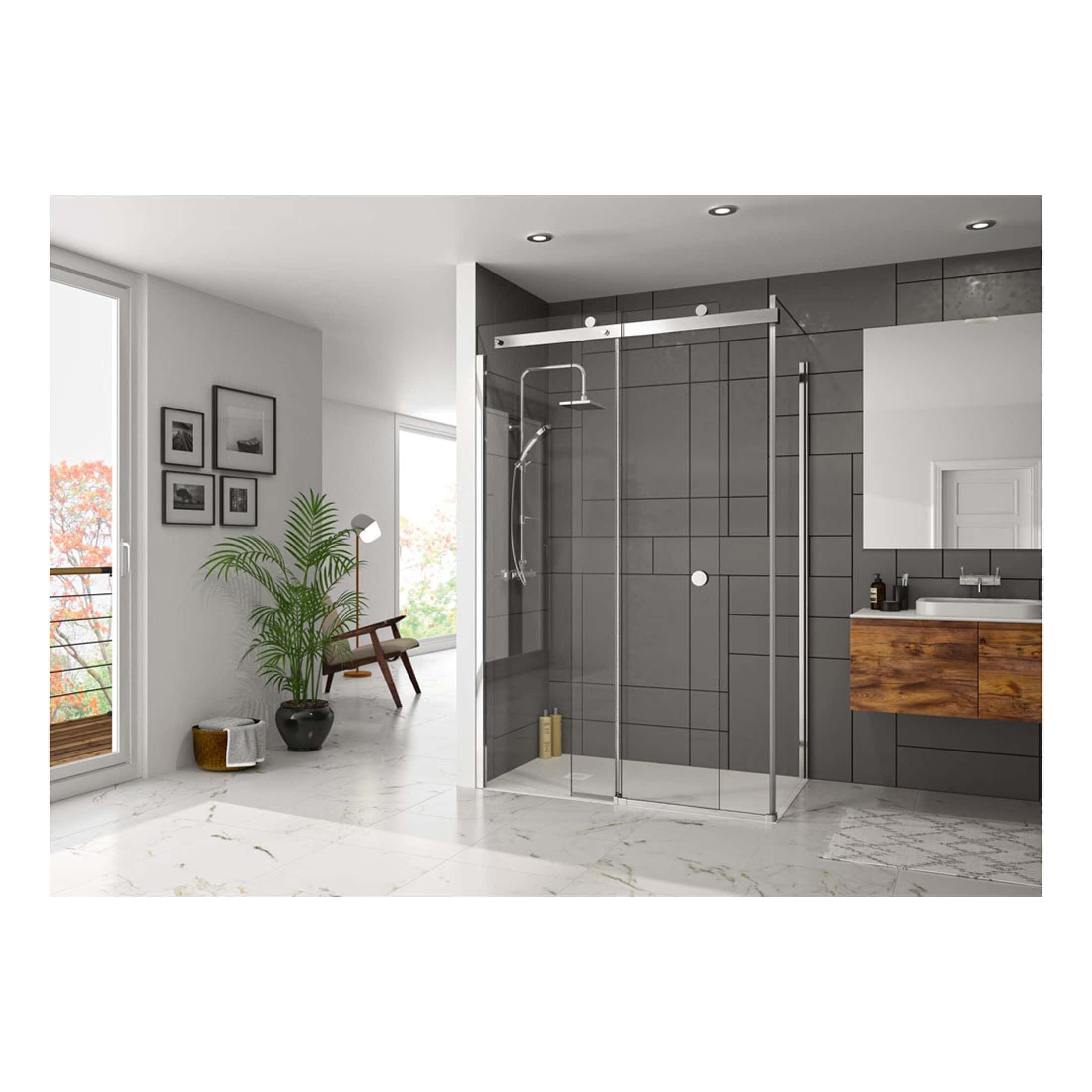 Modern corner shower enclosure with glass doors in a contemporary bathroom featuring dark wall tiles, a wooden vanity, and large windows offering natural light. Perfect for stylish bathroom renovation.