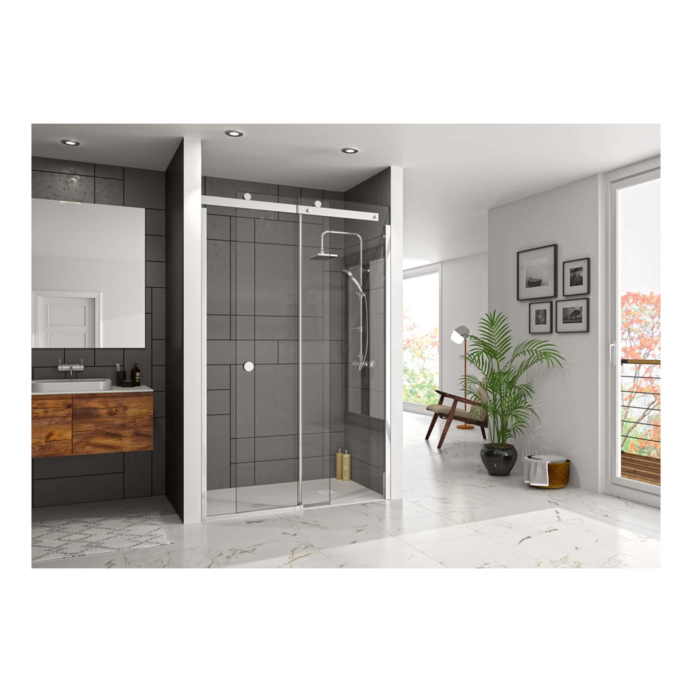 Modern glass shower enclosure with grey tiled walls in a contemporary bathroom setting.