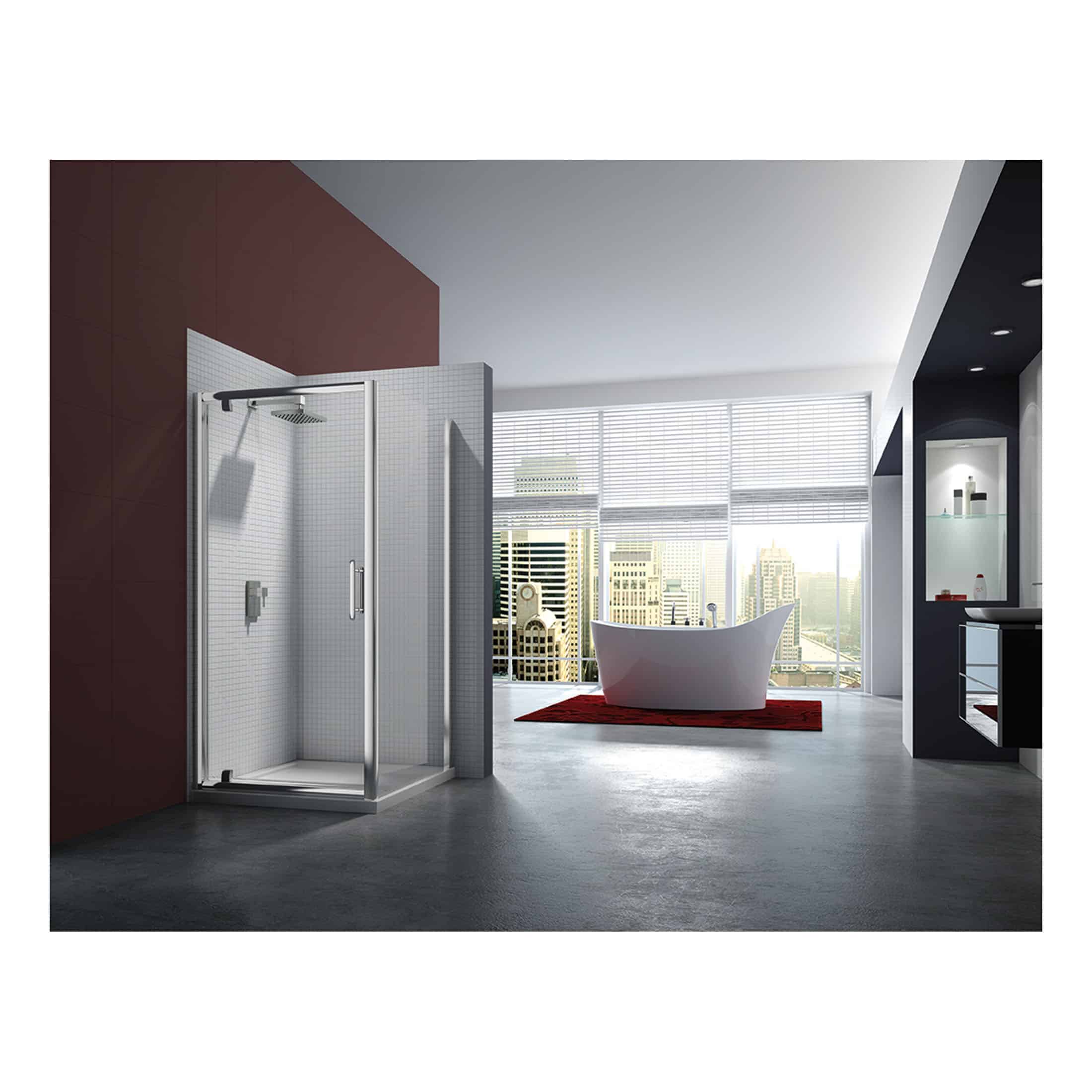 Modern bathroom with glass shower enclosure, freestanding bathtub, and large windows offering city skyline views, showcasing sleek design and contemporary bathroom fixtures.