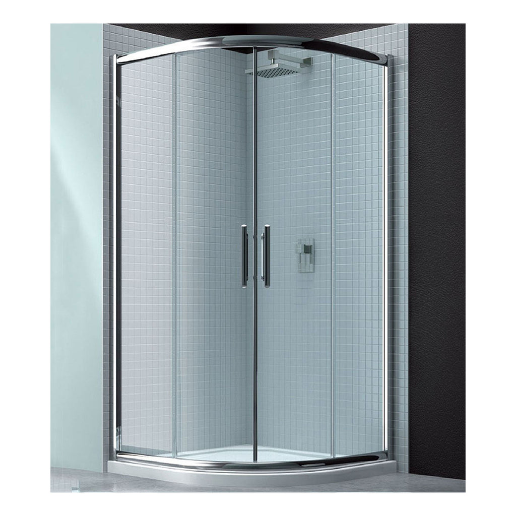 Sleek, modern curved glass shower enclosure with chrome accents, perfect for reflective bathroom designs and enhancing bathroom functionality.