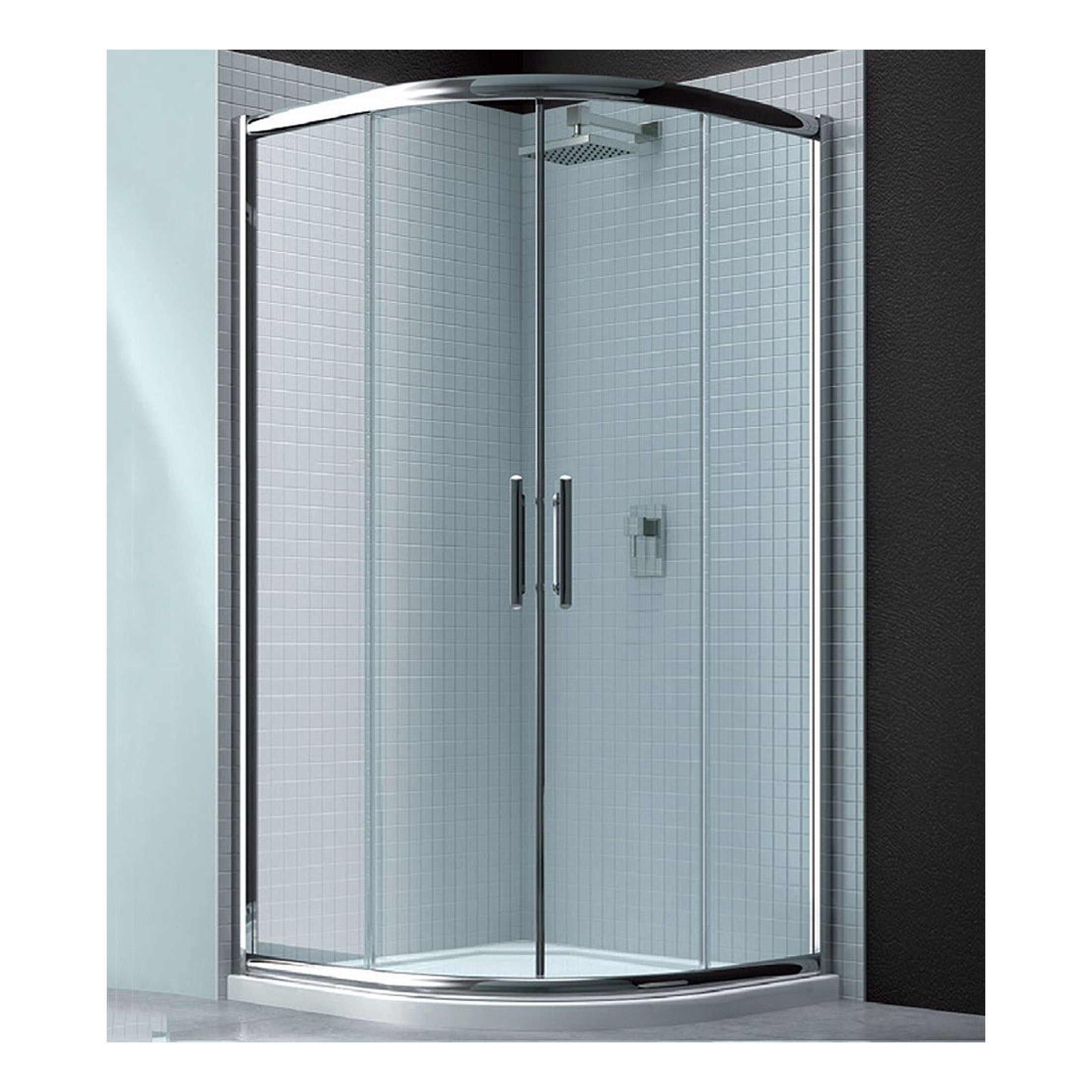 Sleek, modern curved glass shower enclosure with chrome accents, perfect for reflective bathroom designs and enhancing bathroom functionality.