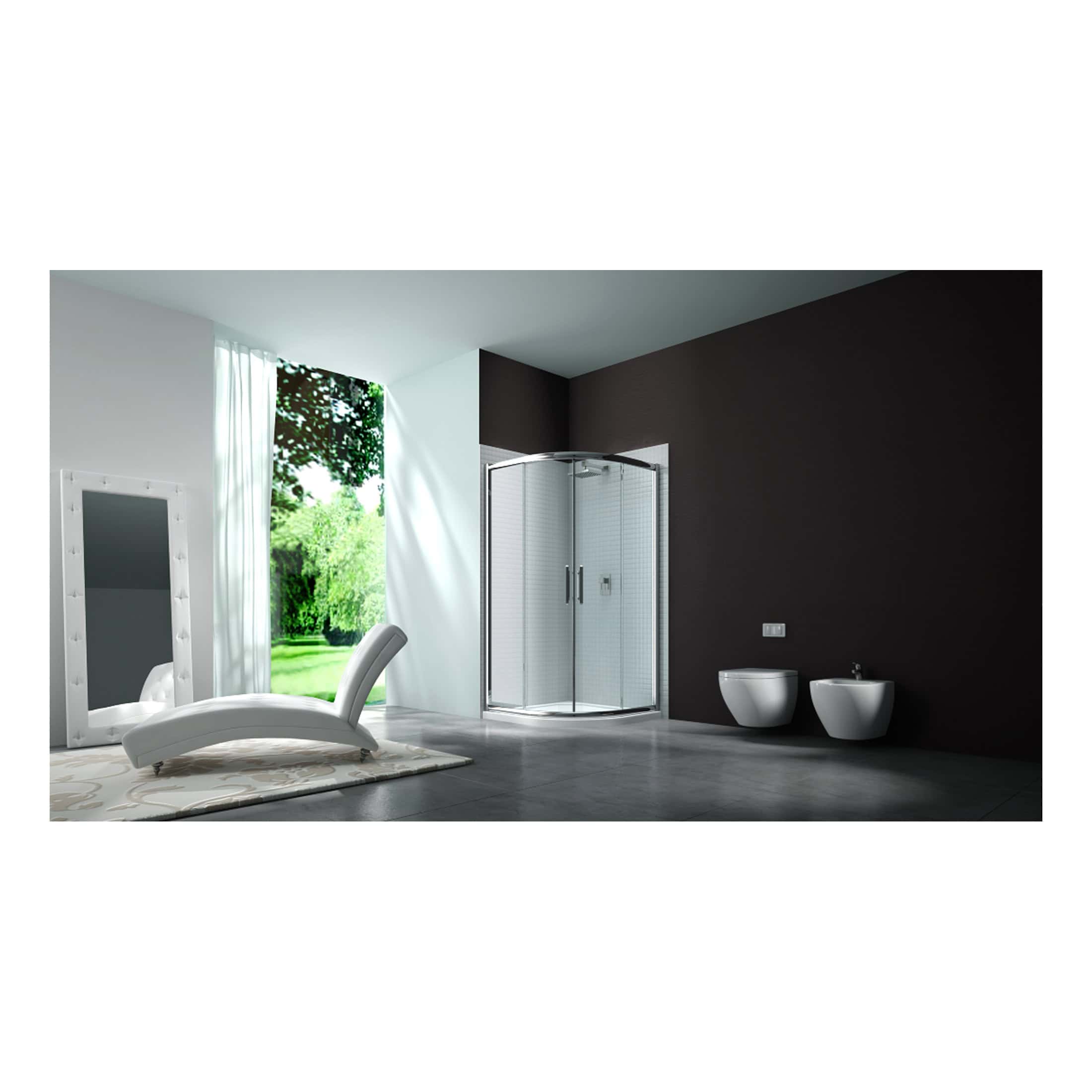 Modern minimalist bathroom with black accent wall, walk-in shower, and contemporary fixtures, featuring a large window with natural light and sleek design for luxury bathroom renovation.