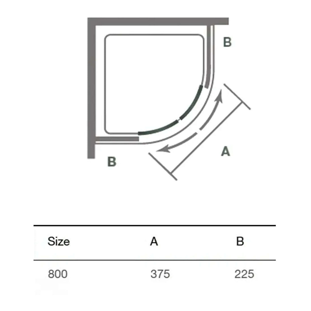 Curved shower tray installation diagram with size measurements and specifications for bathroom renovation.
