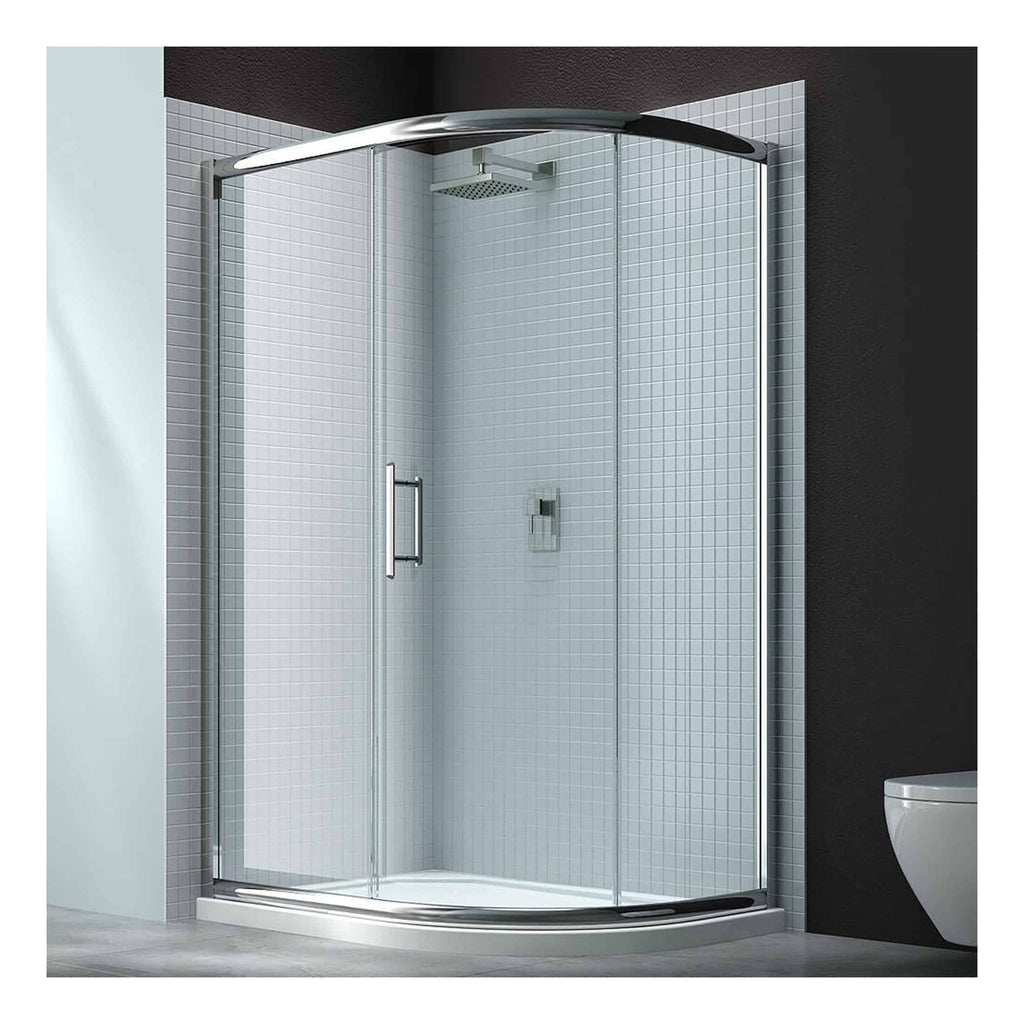Sleek glass shower enclosure with chrome handle and modern showerhead, designed for contemporary bathrooms and maximise space efficiency. Perfect for a stylish and functional bathroom upgrade.