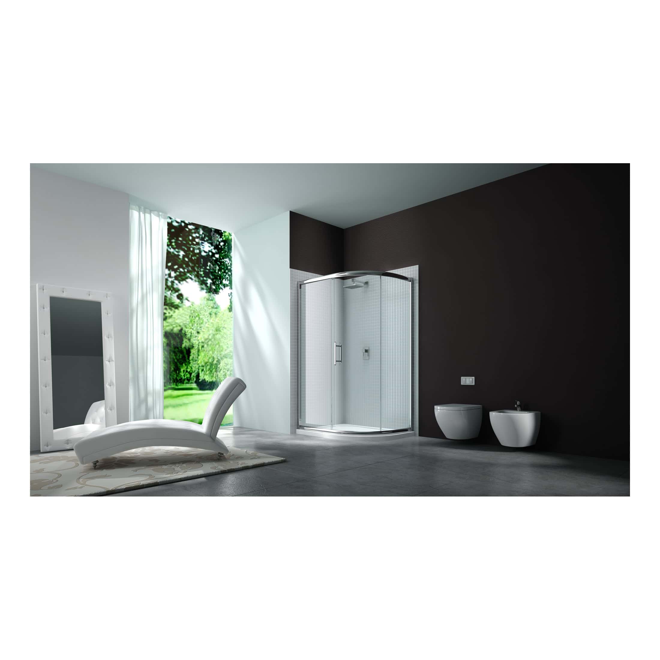 Modern minimalist bathroom with glass shower enclosure, wall-mounted toilet and bidet, large window with outdoor view, stylish mirror, and contemporary decor for a sleek, functional bathroom space.