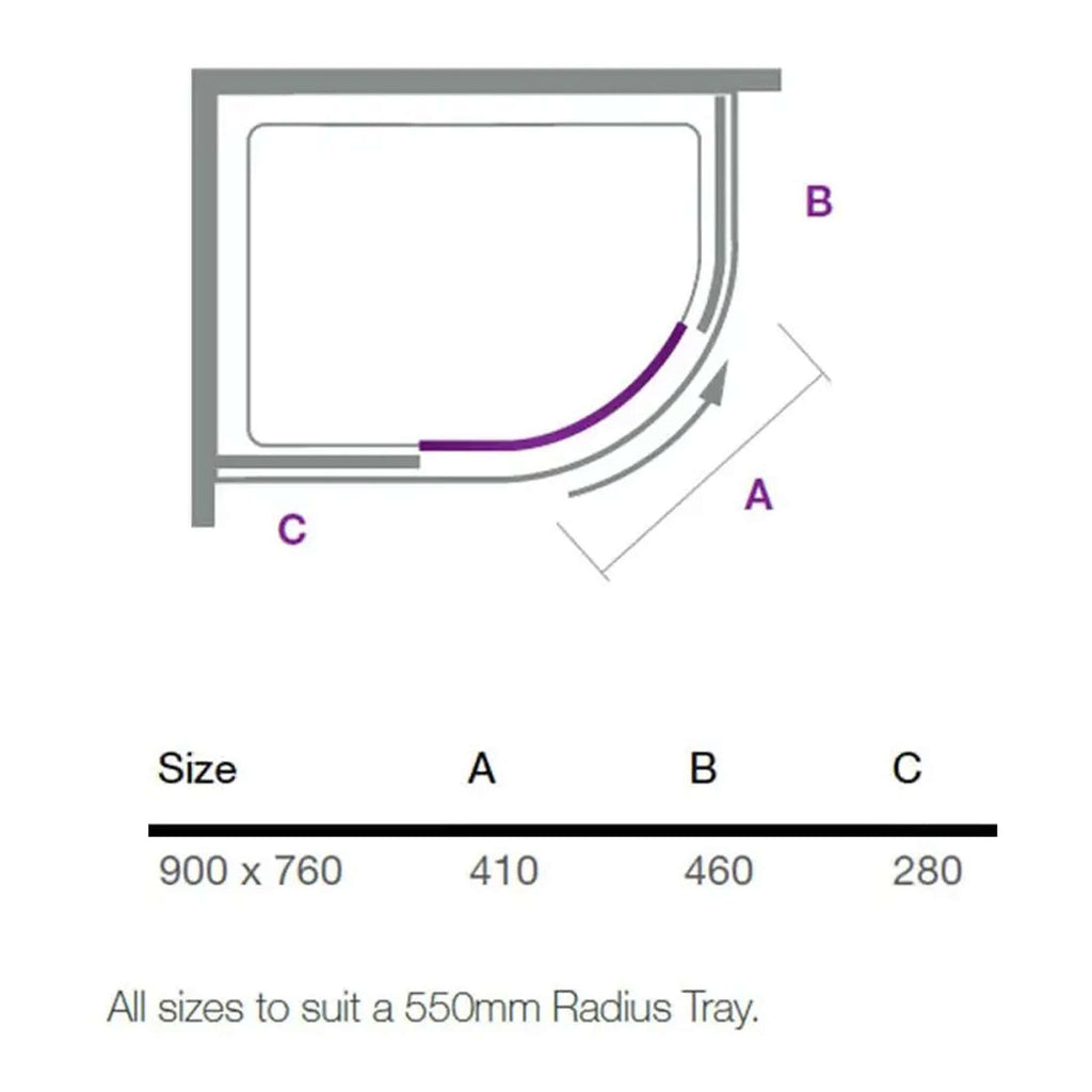 Curved shower tray installation diagram showcasing size specifications and installation dimensions for bathroom shower enclosures.