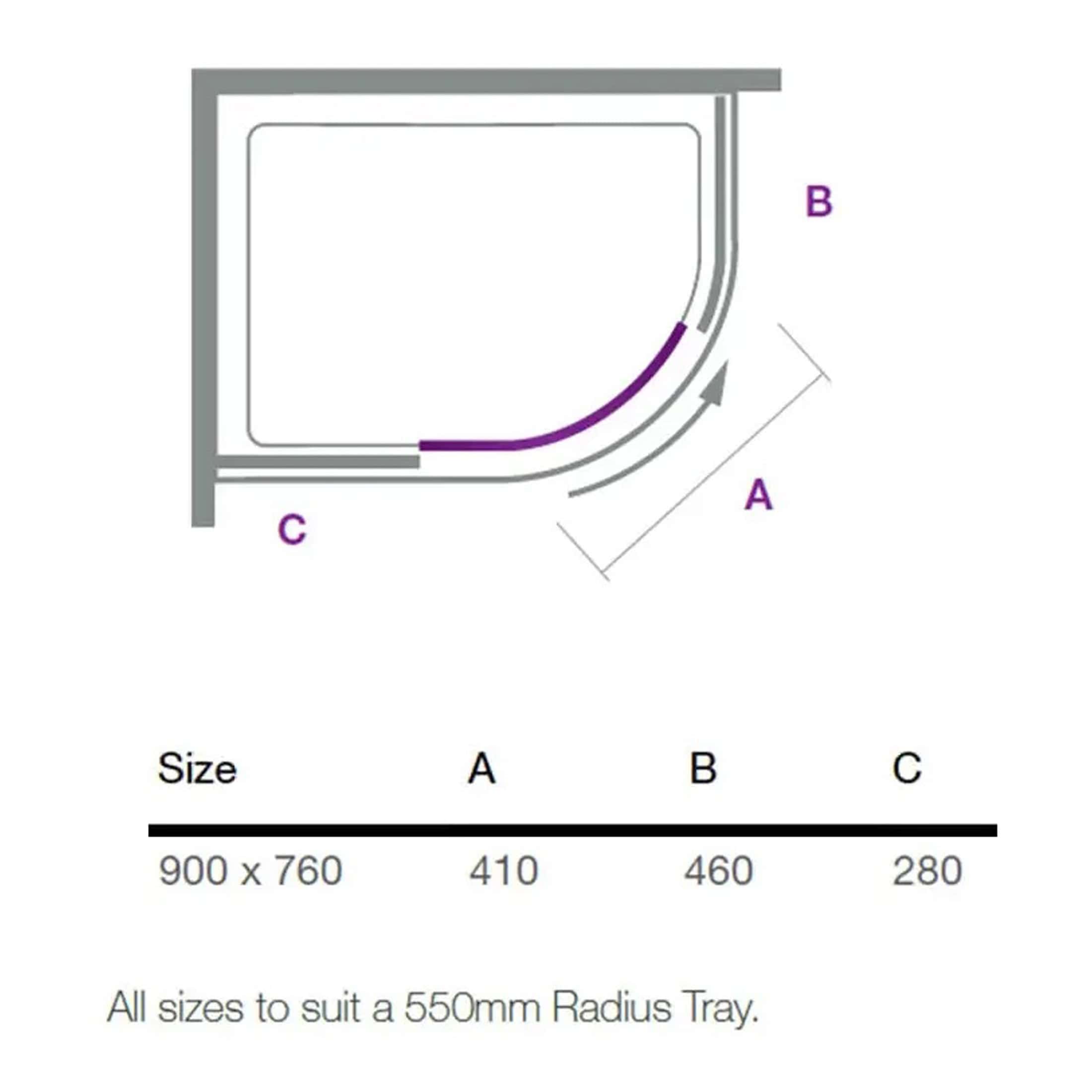 Curved shower tray installation diagram showcasing size specifications and installation dimensions for bathroom shower enclosures.
