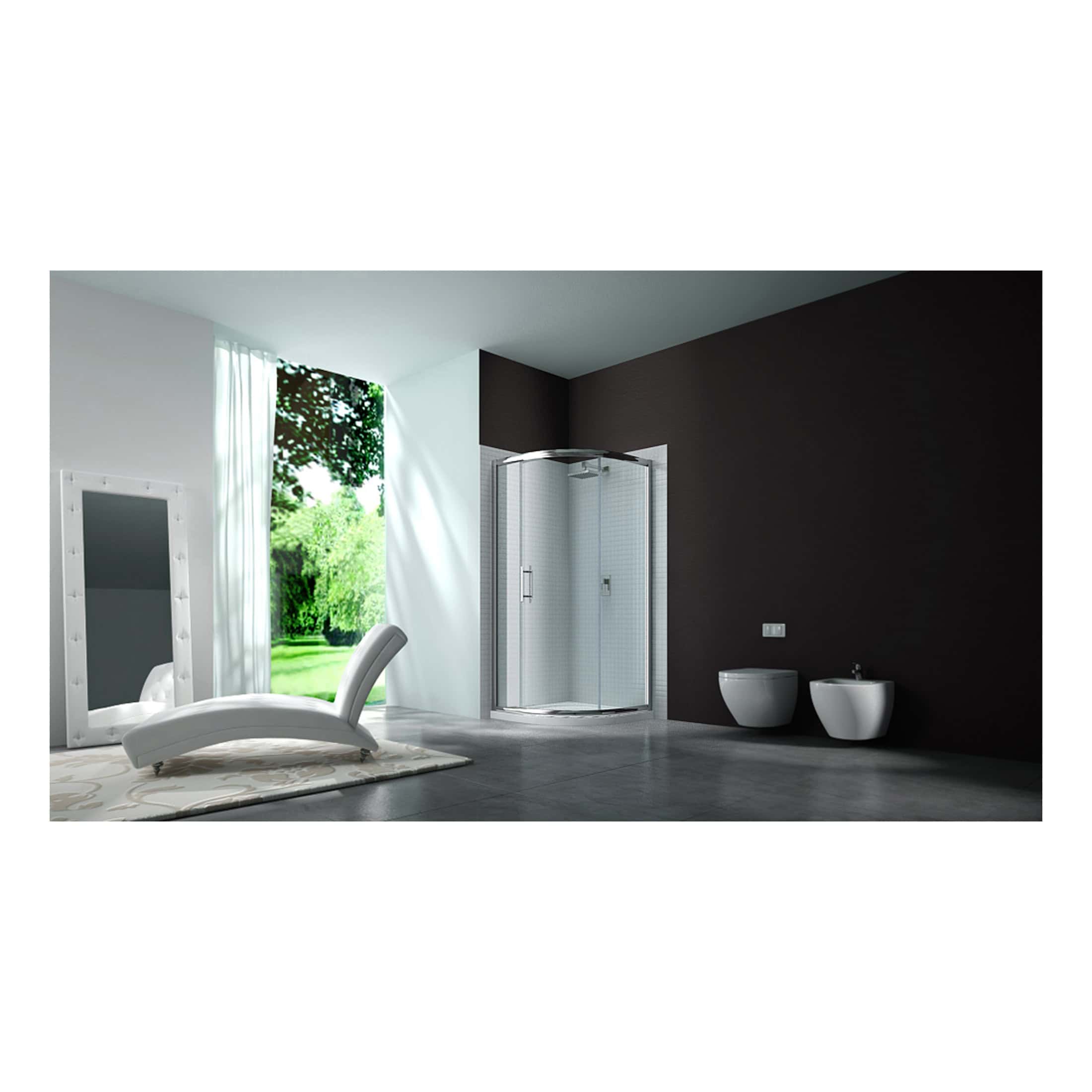 Modern bathroom with glass shower enclosure, wall-mounted toilet and bidet, white chaise lounge, large mirror, and ample natural light from a large window with greenery outside.