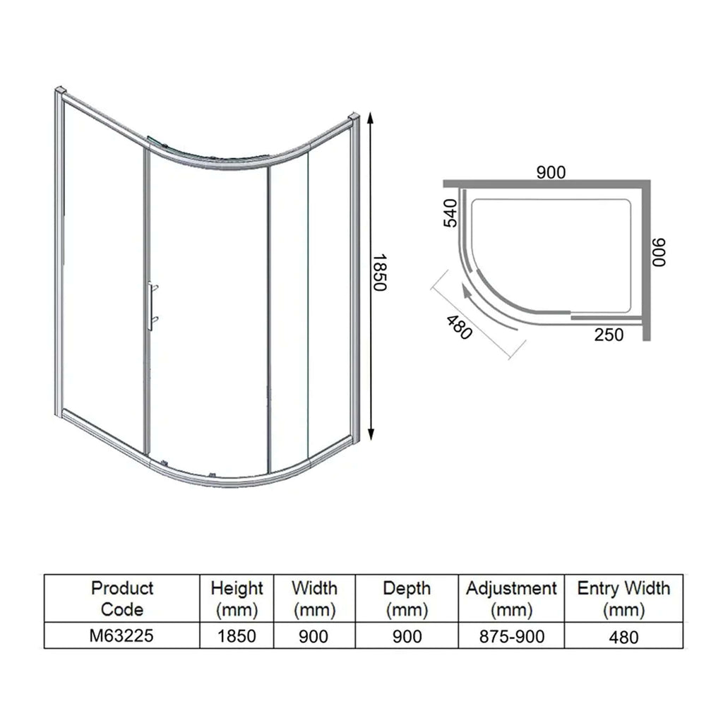 Acrylic curved shower enclosure with dimensions, technical drawing and installation measurements for modern bathrooms.
