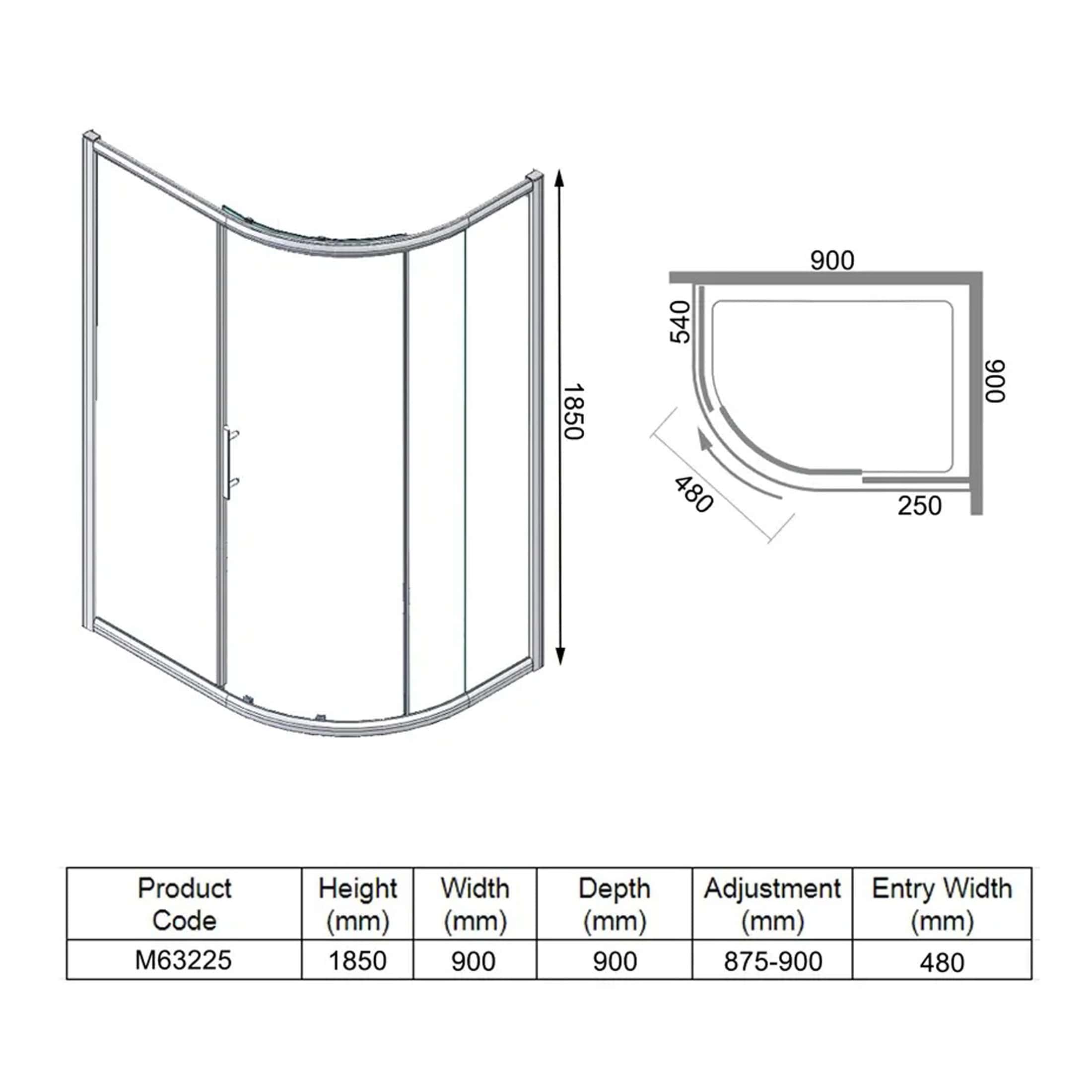 Acrylic curved shower enclosure with dimensions, technical drawing and installation measurements for modern bathrooms.
