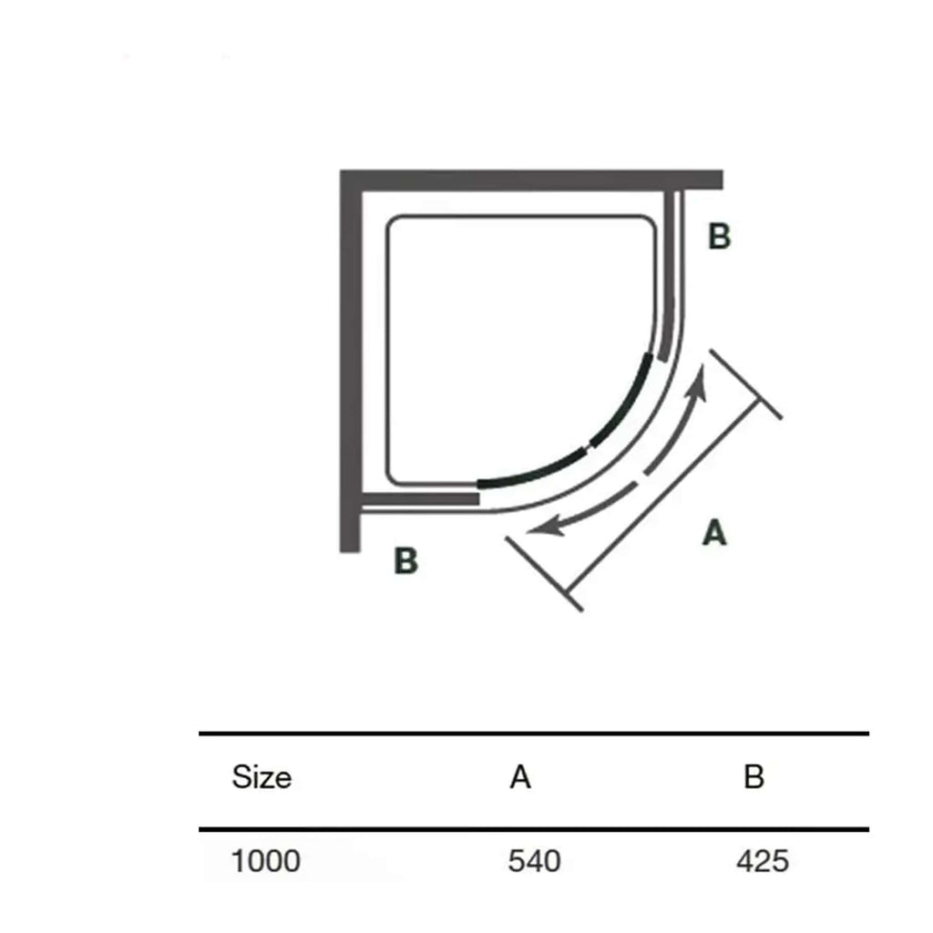 Curved shower enclosure diagram with measurements for shower size, width, and depth, ideal for modern bathroom renovations and optimising shower space.