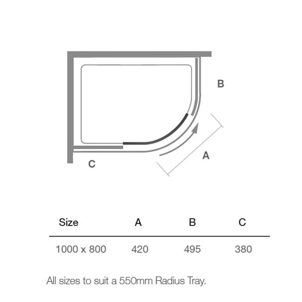 Slip-on shower tray installation diagram, showcasing shower base dimensions and curved design details for modern bathroom renovations. Suitable for various shower configurations and sizes.