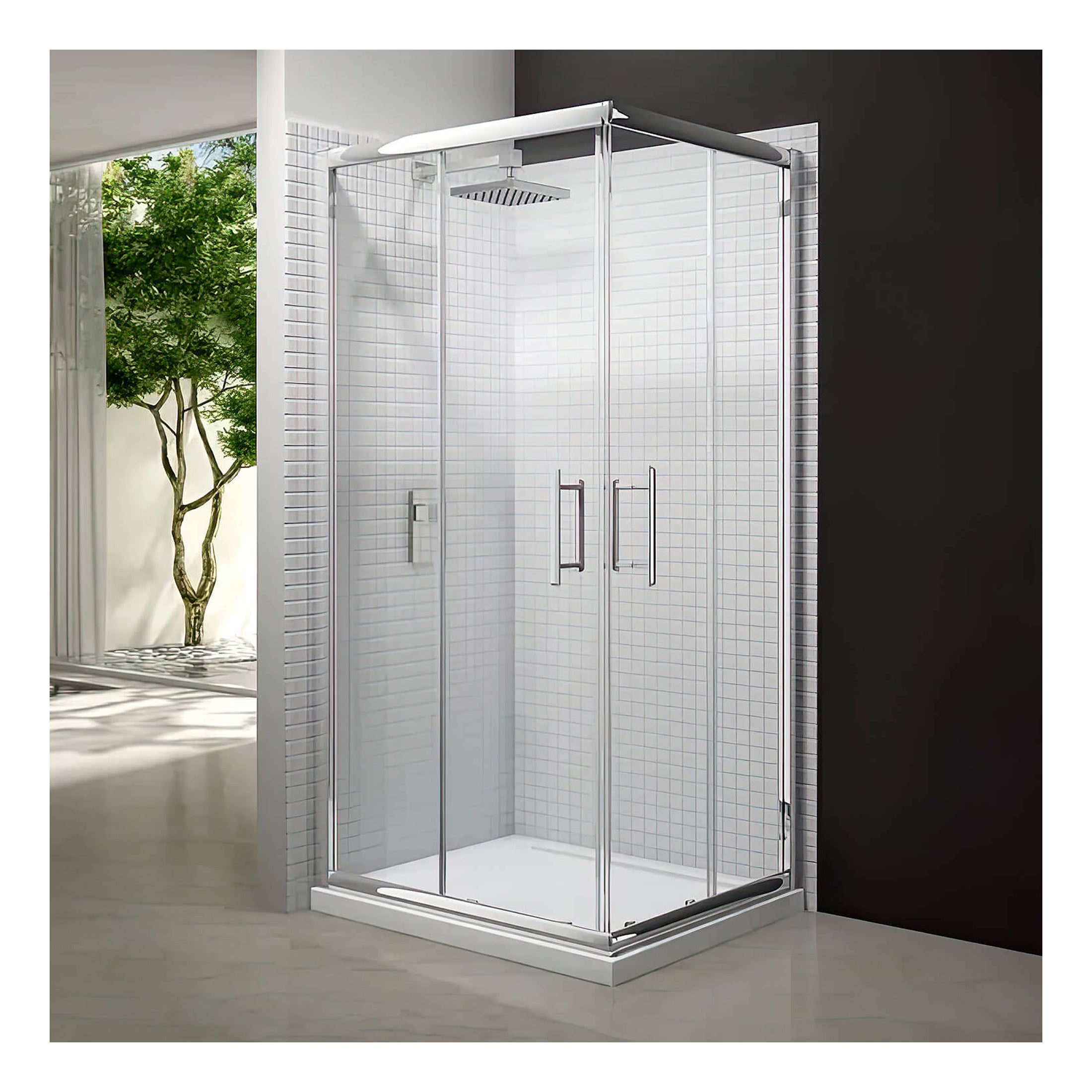Sleek white corner shower enclosure with glass doors and chrome handles, ideal for modern bathrooms and perfect for creating a luxurious shower space.