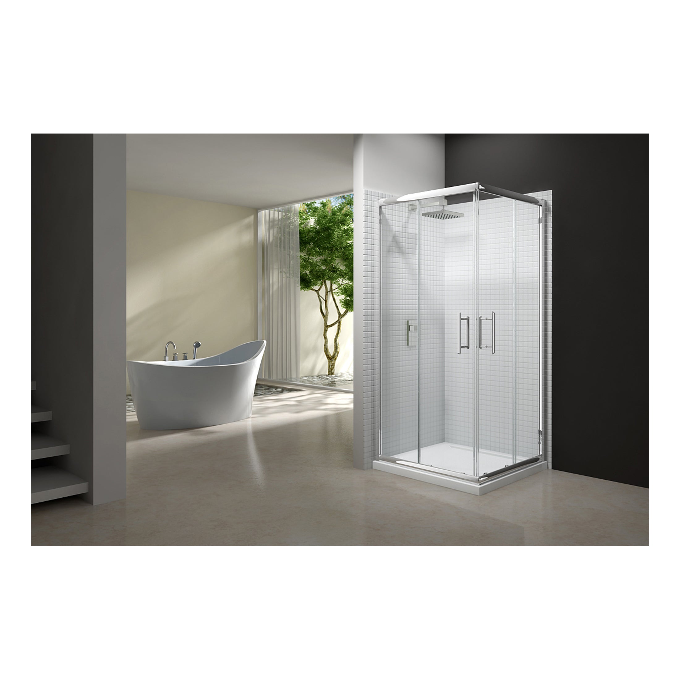 Contemporary glass quadrant shower enclosure in a modern bathroom with a freestanding bathtub and natural light from large windows, showcasing stylish bathroom renovation ideas.