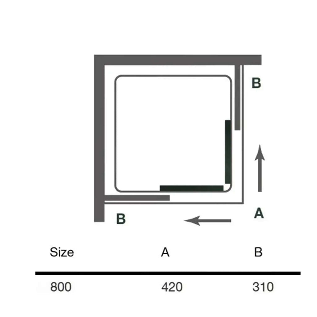 Modern shower enclosure diagram with measurement details, showcasing size dimensions and installation clarity for optimal bathroom setup.