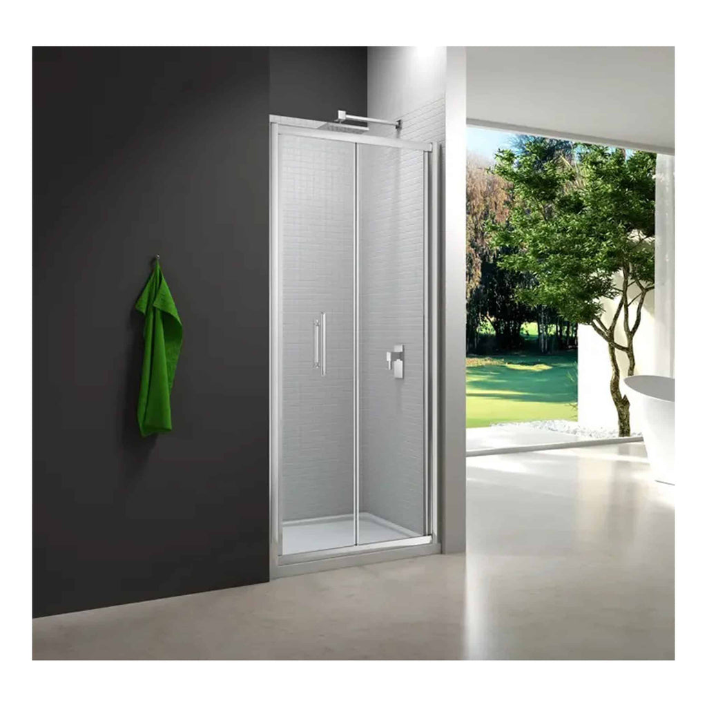 Modern clear glass shower enclosure with a sleek aluminium frame, suitable for contemporary bathrooms, featuring a sliding door and minimalist design for a stylish and functional bathroom upgrade.