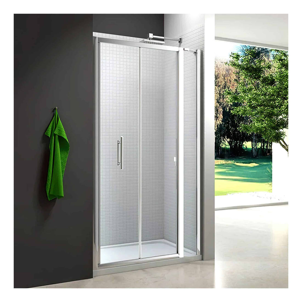 Elegant shower enclosure with sliding glass doors and chrome accents for modern bathroom design. Perfect for space-saving and stylish shower solutions.