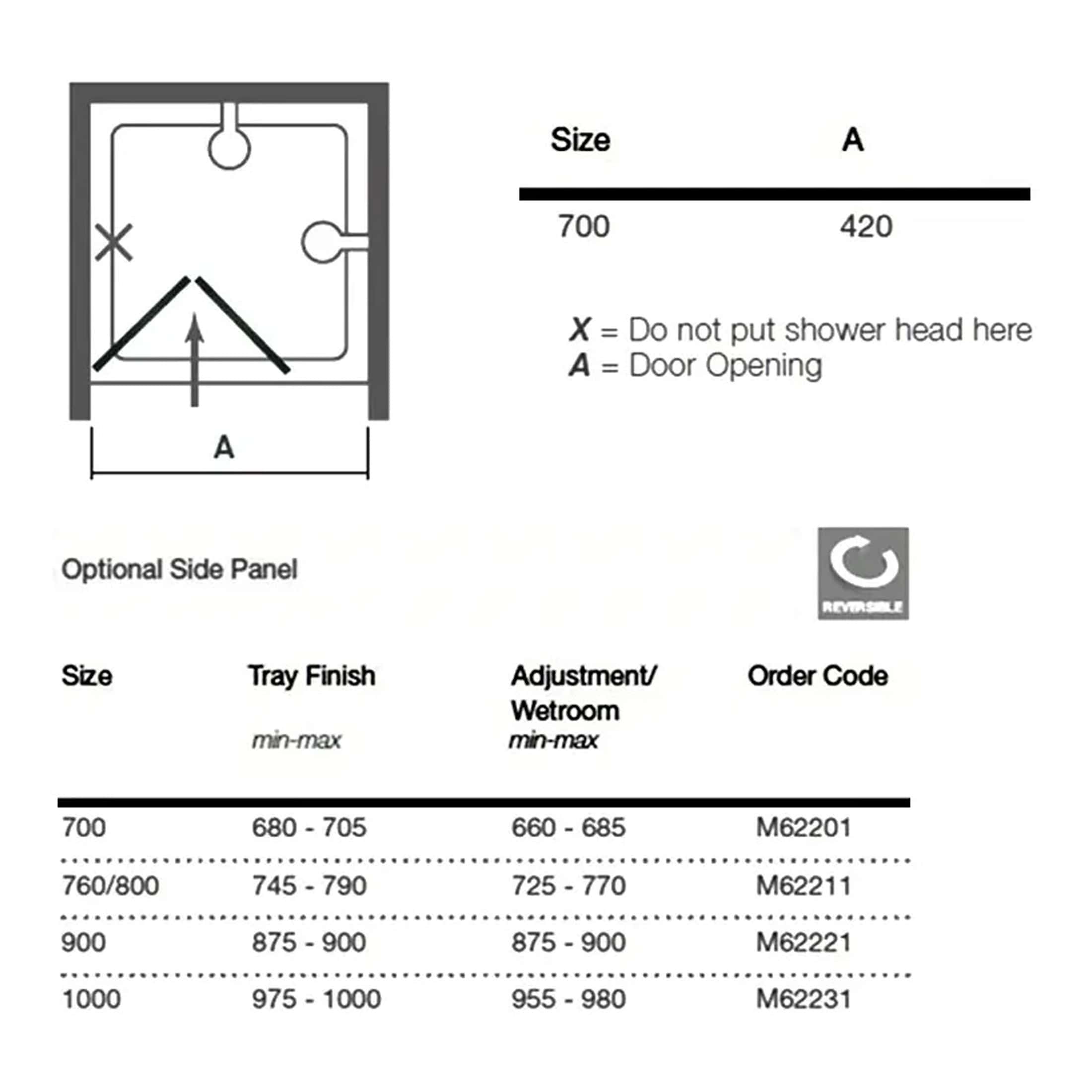 Shower base installation diagram showing size dimensions and door opening options for customised bathroom renovation.