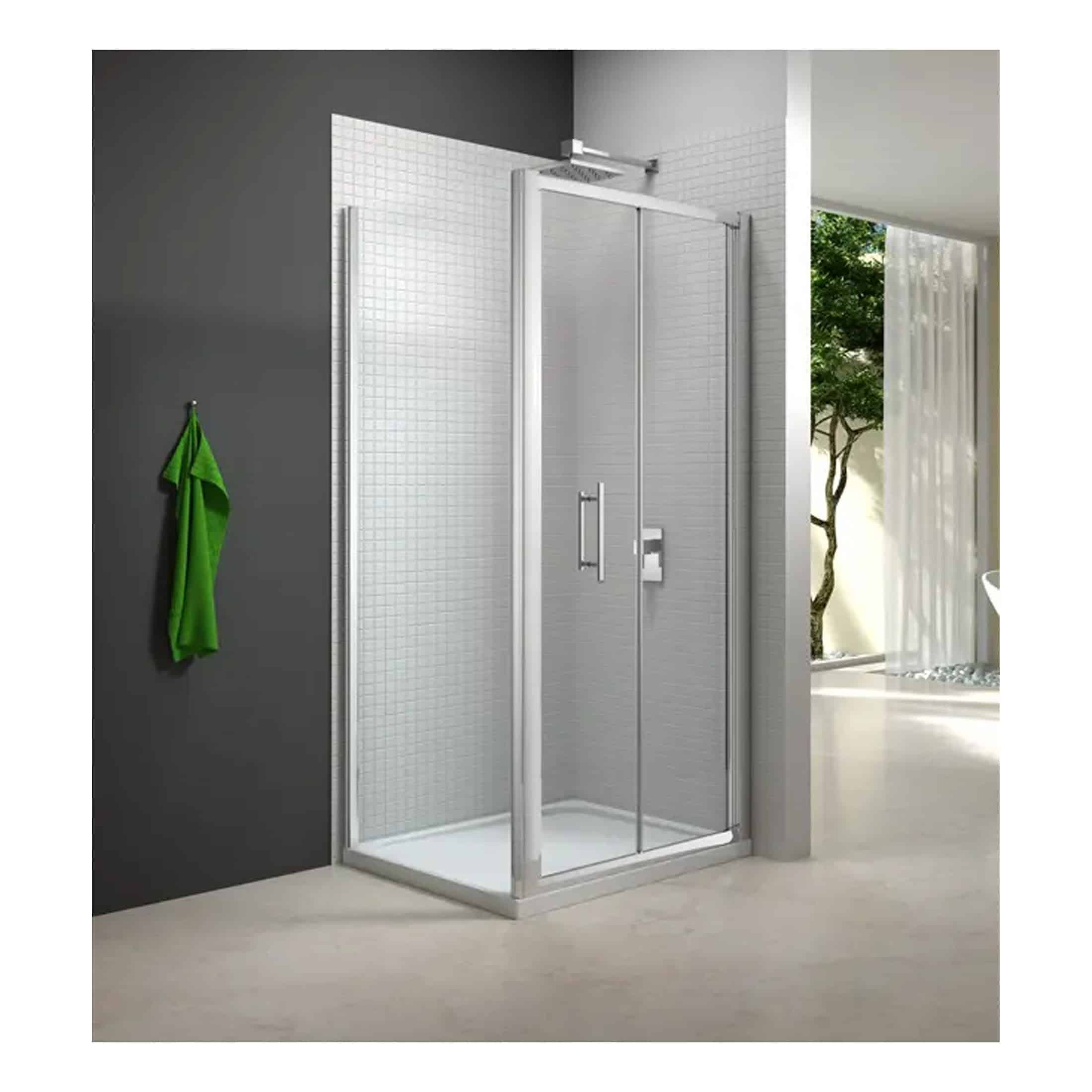 Shower enclosure with glass doors and tiled interior in a modern bathroom setting.