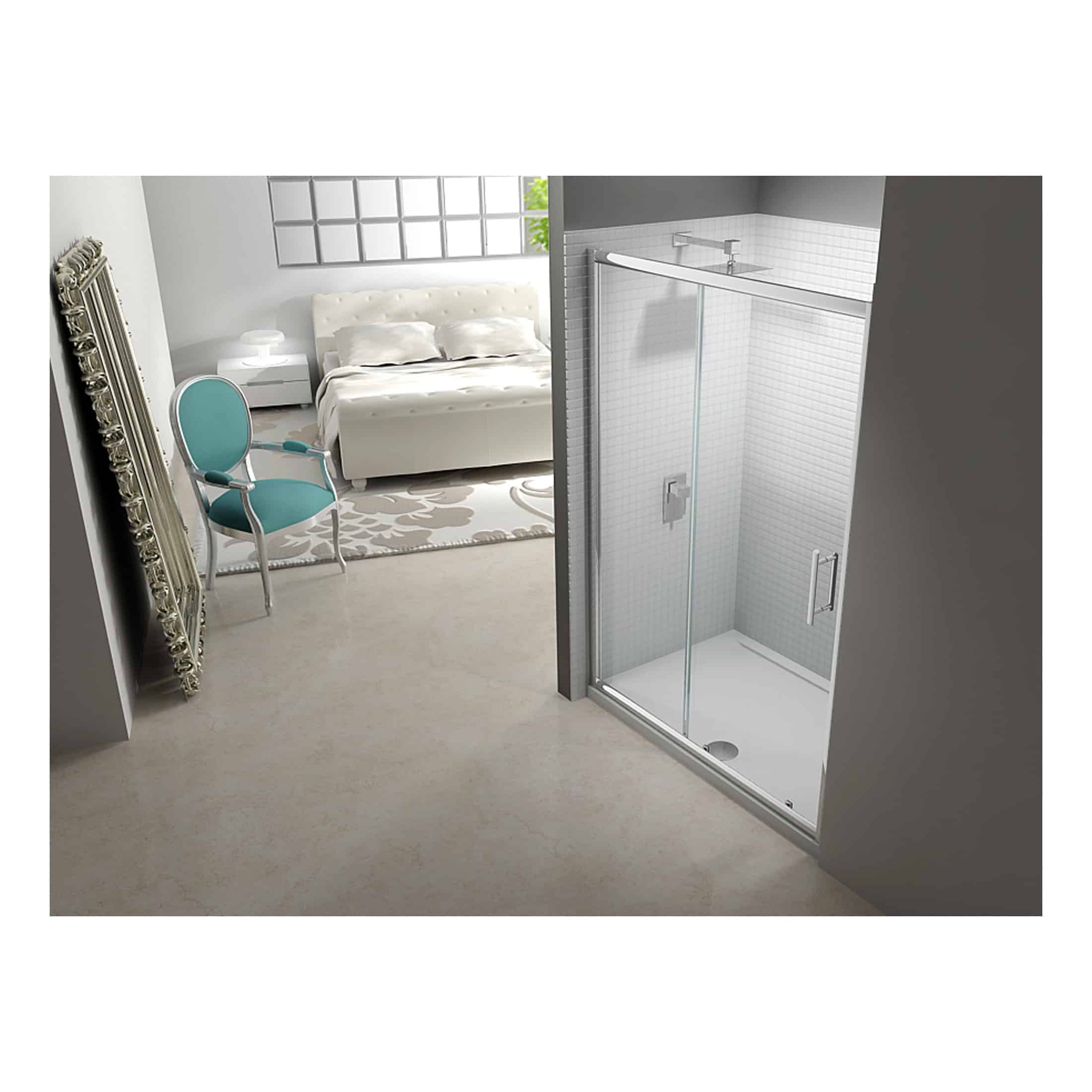 A modern bedroom with a glass shower enclosure, luxurious white bed, elegant mirror, and stylish furniture, showcasing high-end bathroom and bedroom interior design ideas for a contemporary home.
