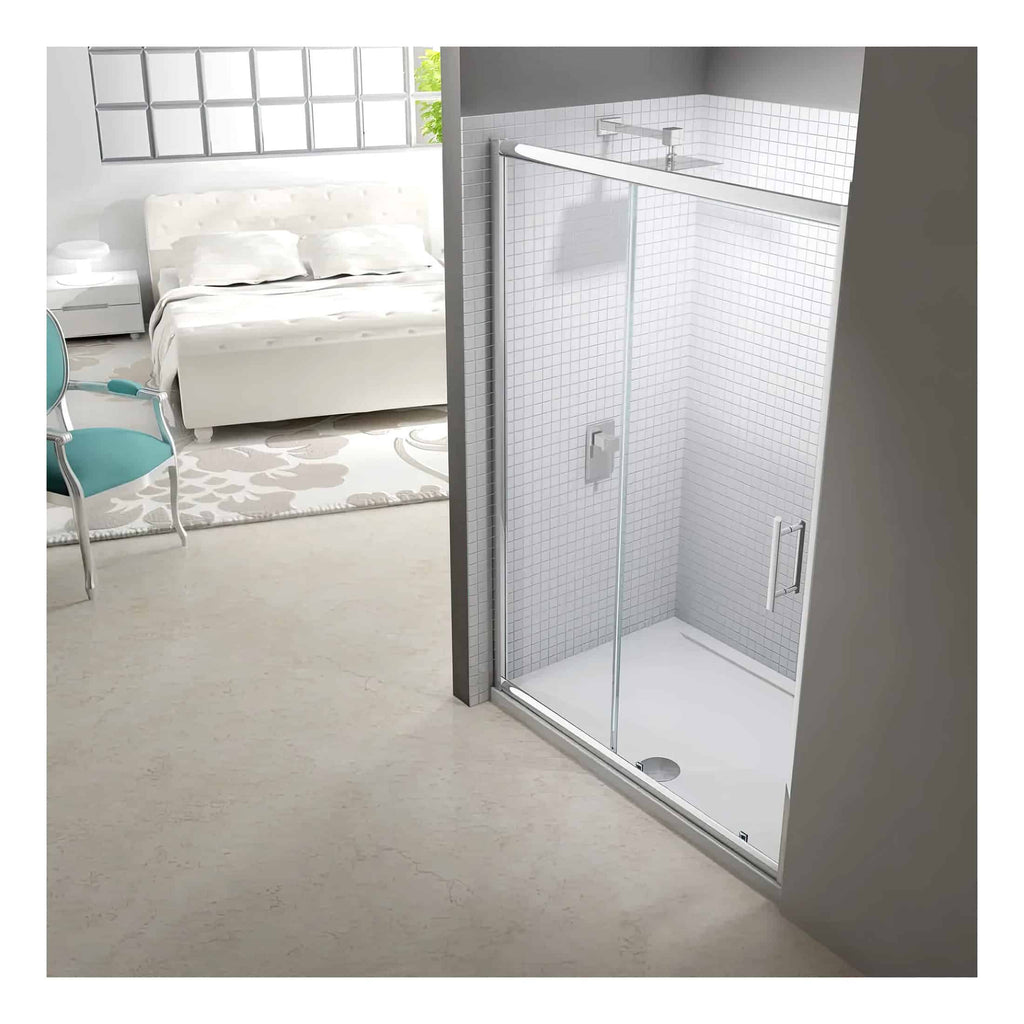 Modern glass shower enclosure with sliding doors in a contemporary bathroom setting.