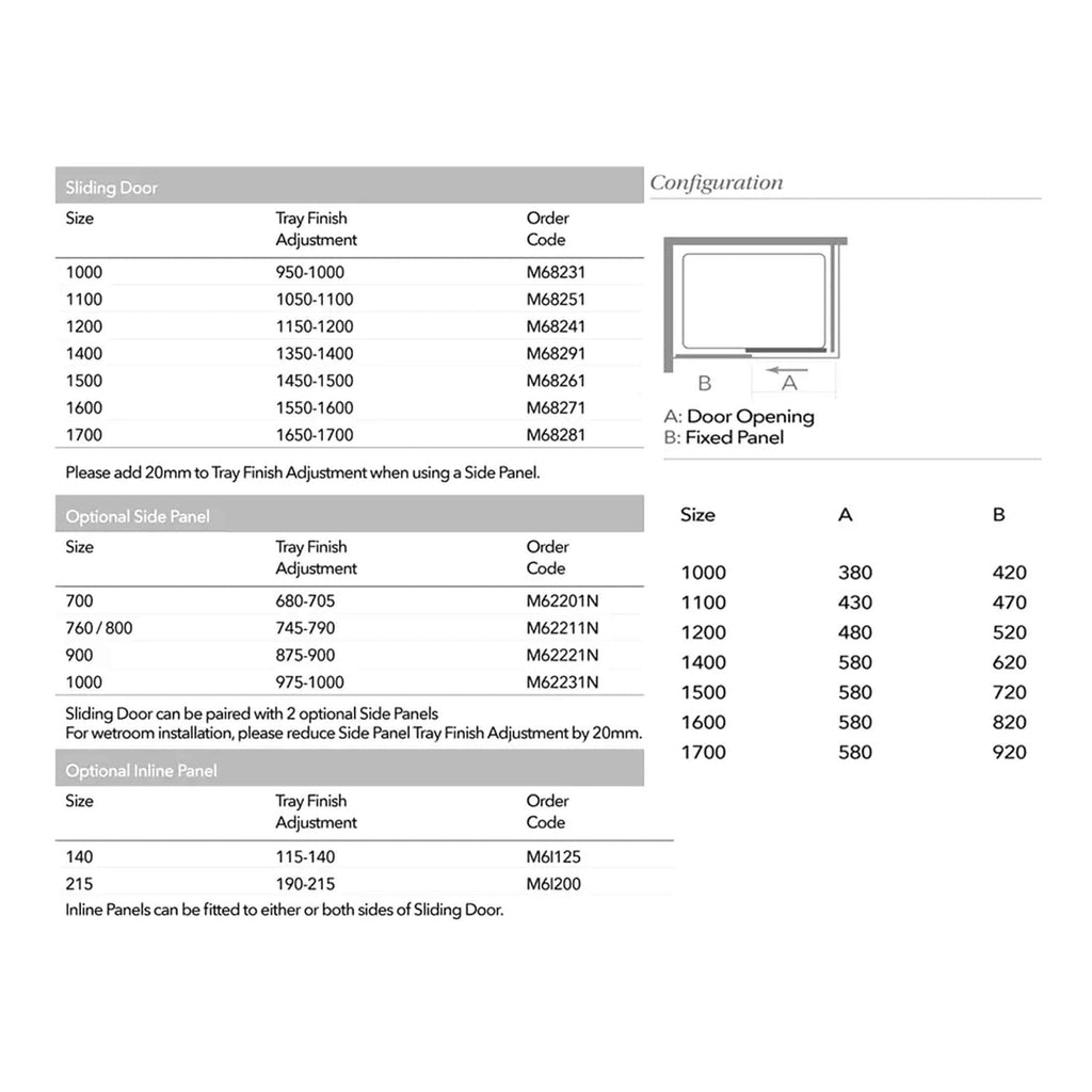 Sliding door configuration chart with size options and tray finish adjustments for bathroom installations. Includes details for optional side panels and inline panels for bespoke bathroom design.