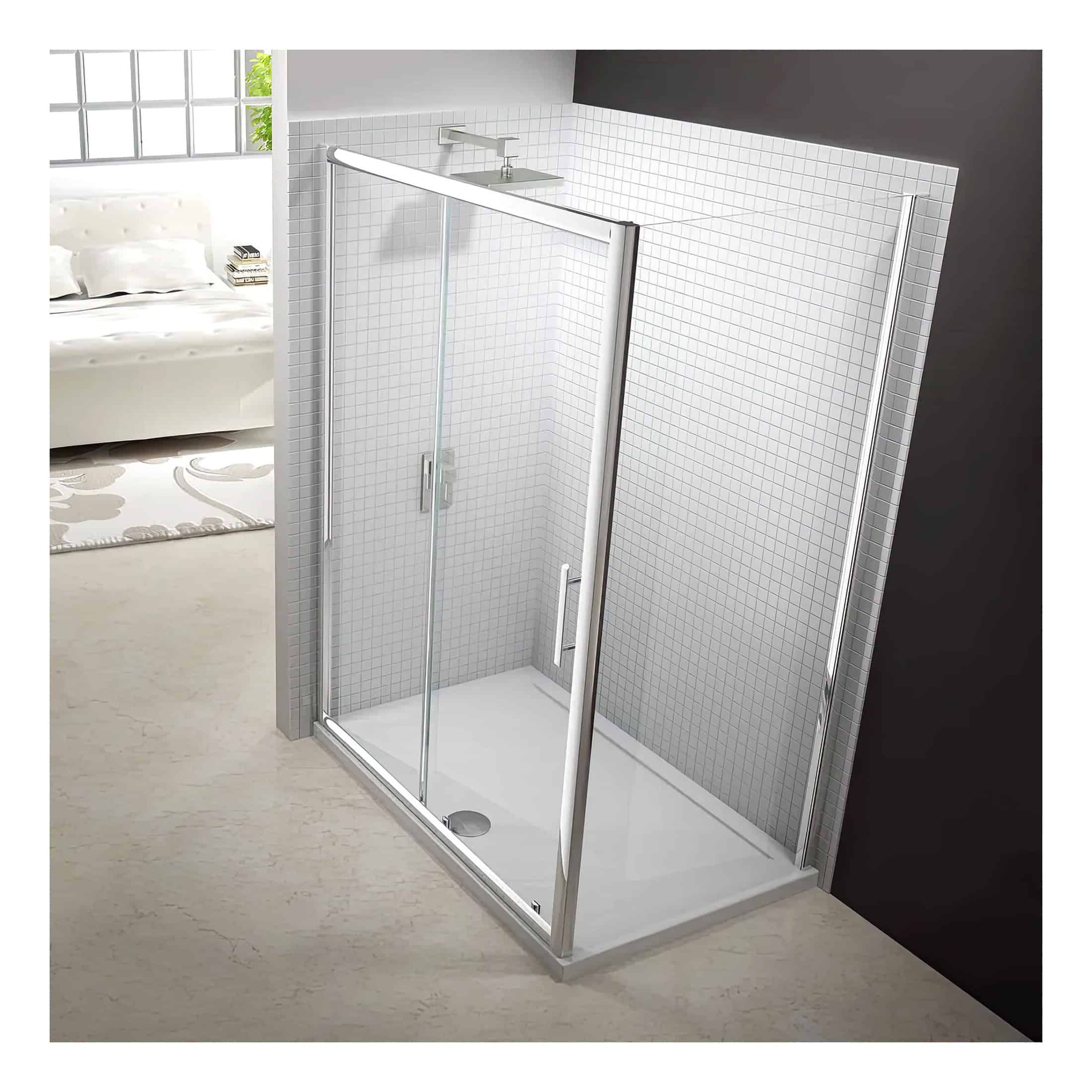 Modern glass shower enclosure with sliding doors, chrome fixtures, and white tiled walls in a sleek contemporary bathroom setting.