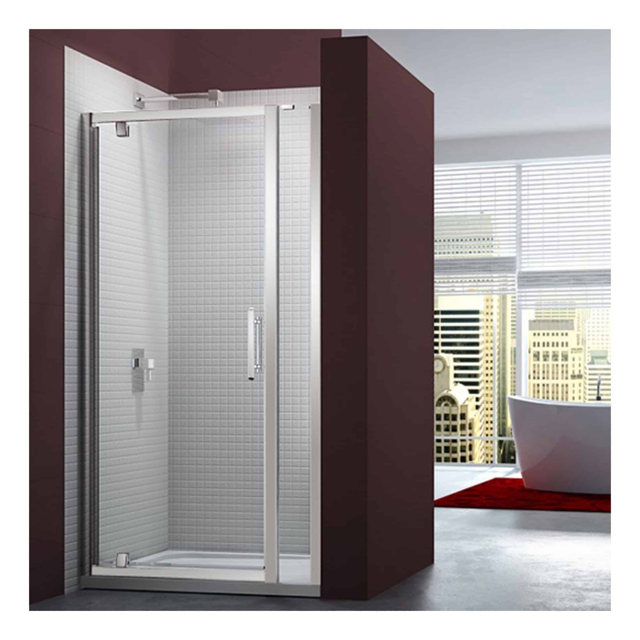 Glass shower enclosure with sliding doors, modern bathroom design, white tiles, and city skyline view. Perfect for contemporary bathrooms seeking sleek and functional shower solutions.