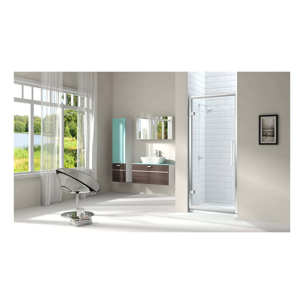 Modern minimalist bathroom with large window, sleek vanity unit, wall-mounted mirror, walk-in shower with white subway tiles, and a black and white wall art, creating a bright and airy space.