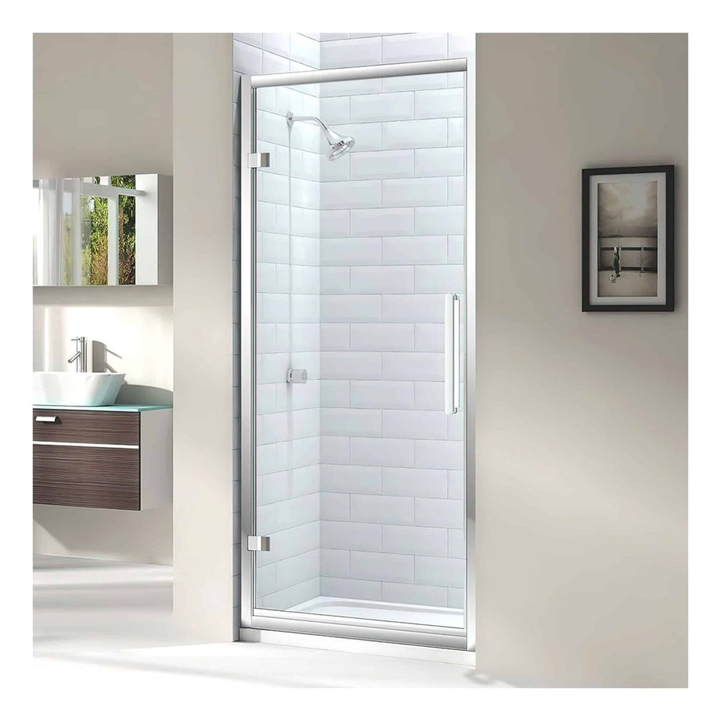Sleek frameless glass shower enclosure with chrome accents in a modern bathroom setting, featuring white subway tiles and minimalist design for a luxurious bathing experience.