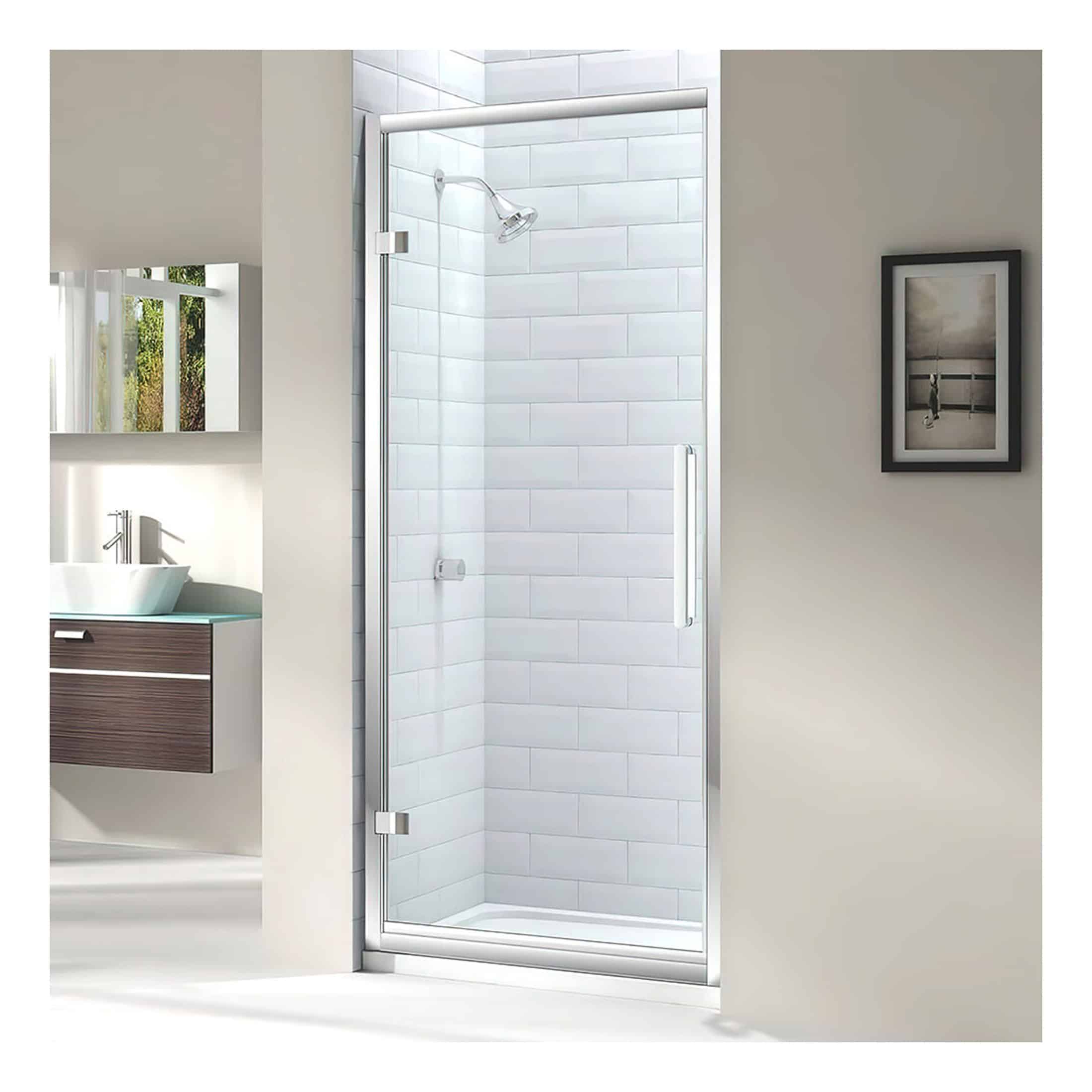Sleek frameless glass shower enclosure with chrome accents in a modern bathroom setting, featuring white subway tiles and minimalist design for a luxurious bathing experience.