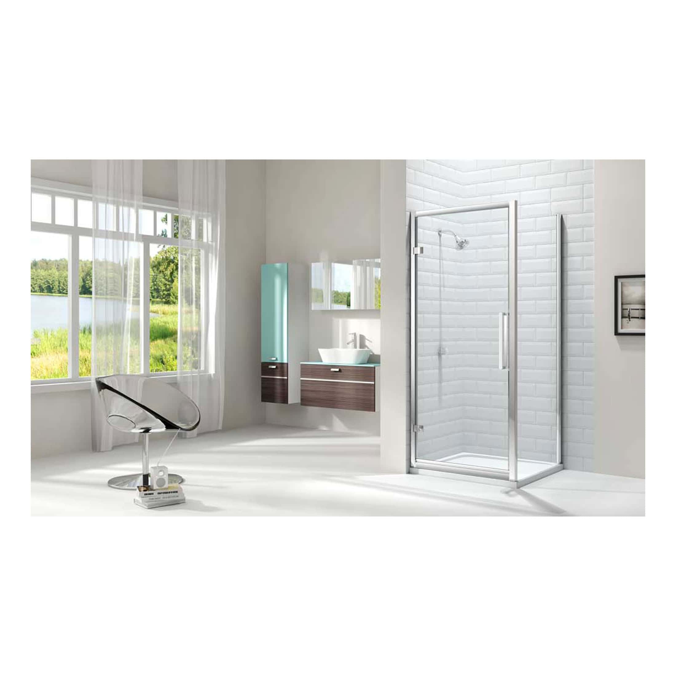 Modern minimalist bathroom with shower enclosure, floating vanity with vessel sink, large window with sheer curtains, bright airy space, elegant and functional bathroom design.