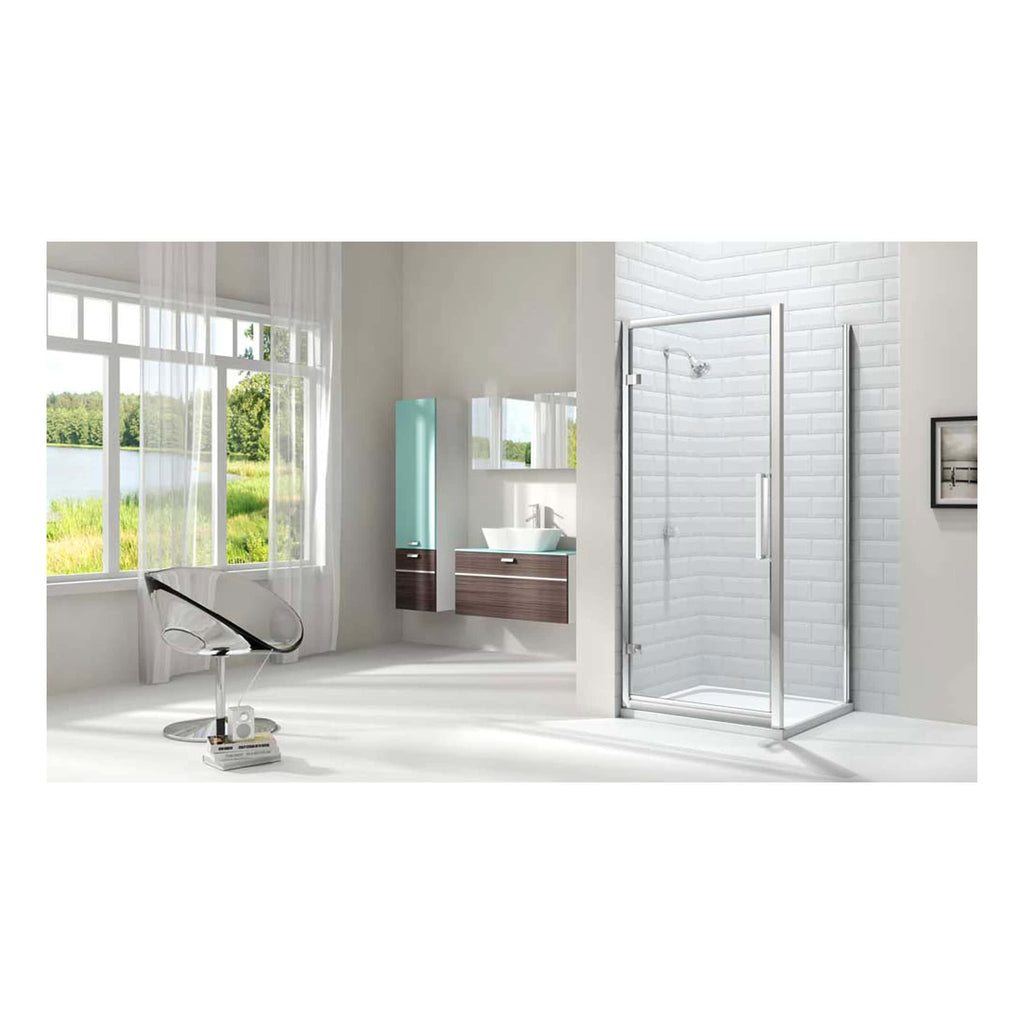 Modern minimalist bathroom with shower enclosure, floating vanity with vessel sink, large window with sheer curtains, bright airy space, elegant and functional bathroom design.