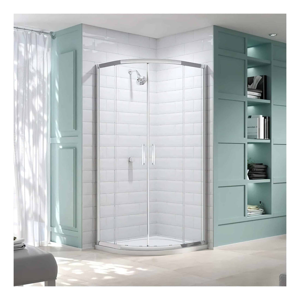 Shower enclosure with curved glass doors in a modern bathroom with white tiled walls and teal cabinetry, creating a stylish and functional space.