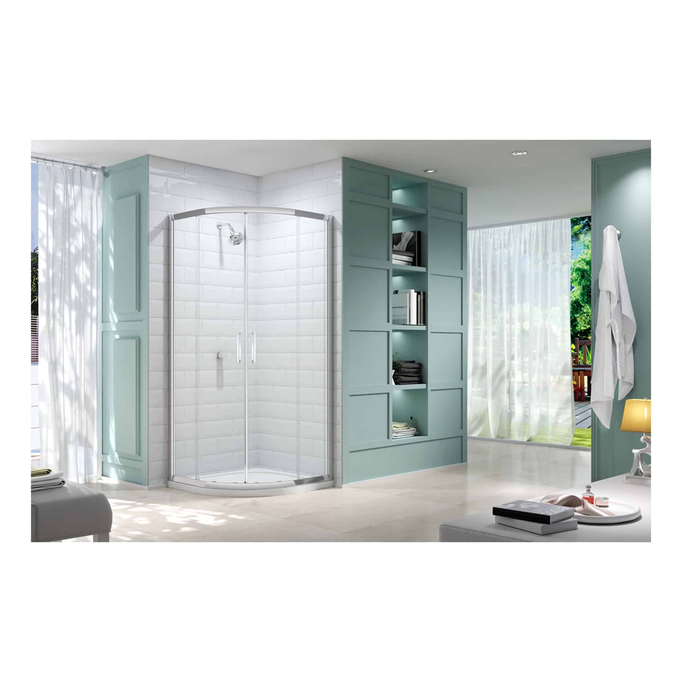Bright modern bathroom with a spacious glass shower enclosure, built-in shelving units, and large windows with sheer curtains showcasing a scenic outdoor view, creating a fresh and relaxing atmosphere.
