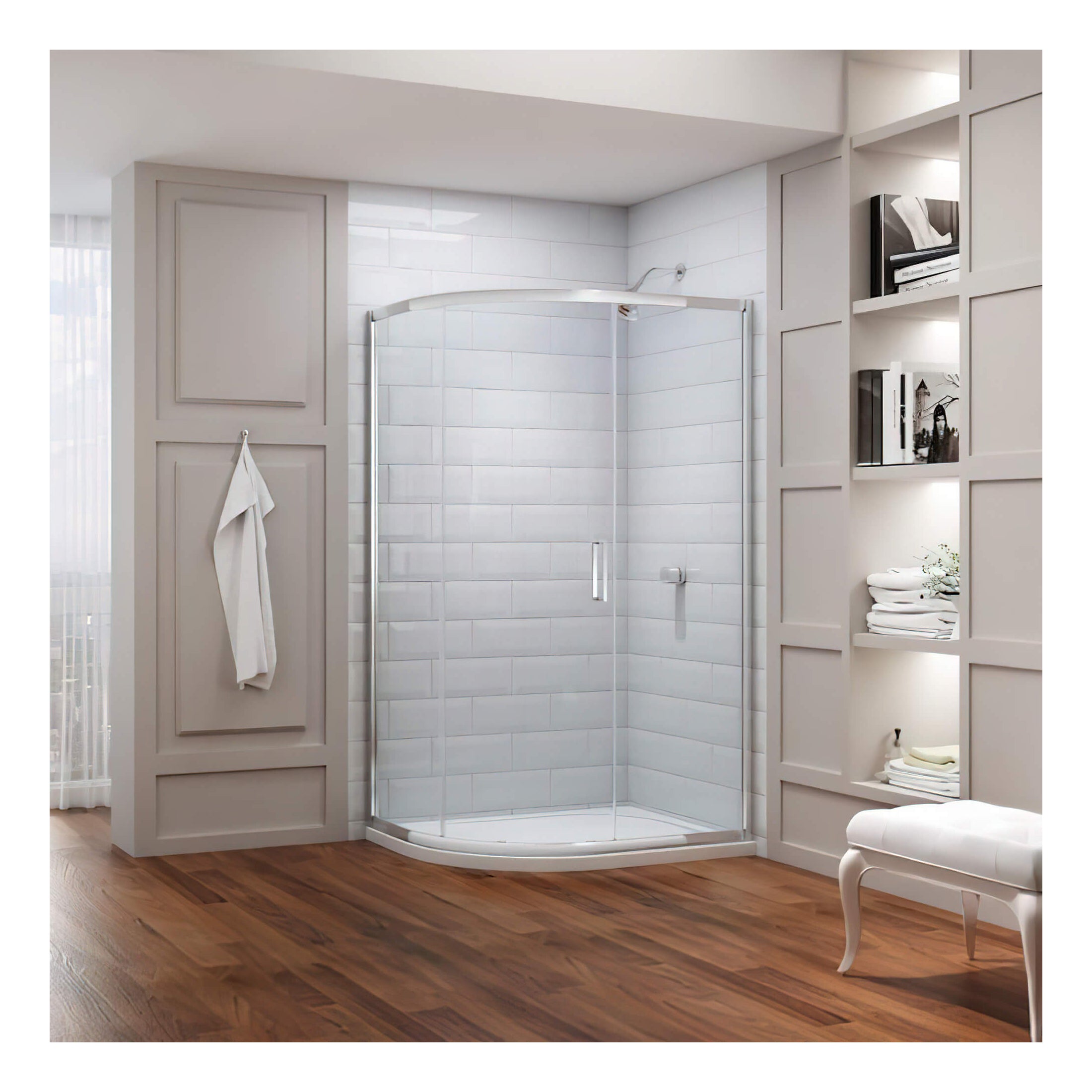 Sleek corner shower enclosure with clear glass doors in a modern bathroom. Features white tiled walls, white cabinetry, and wooden flooring, creating a minimalist and functional space. Perfect for contemporary bathroom designs.