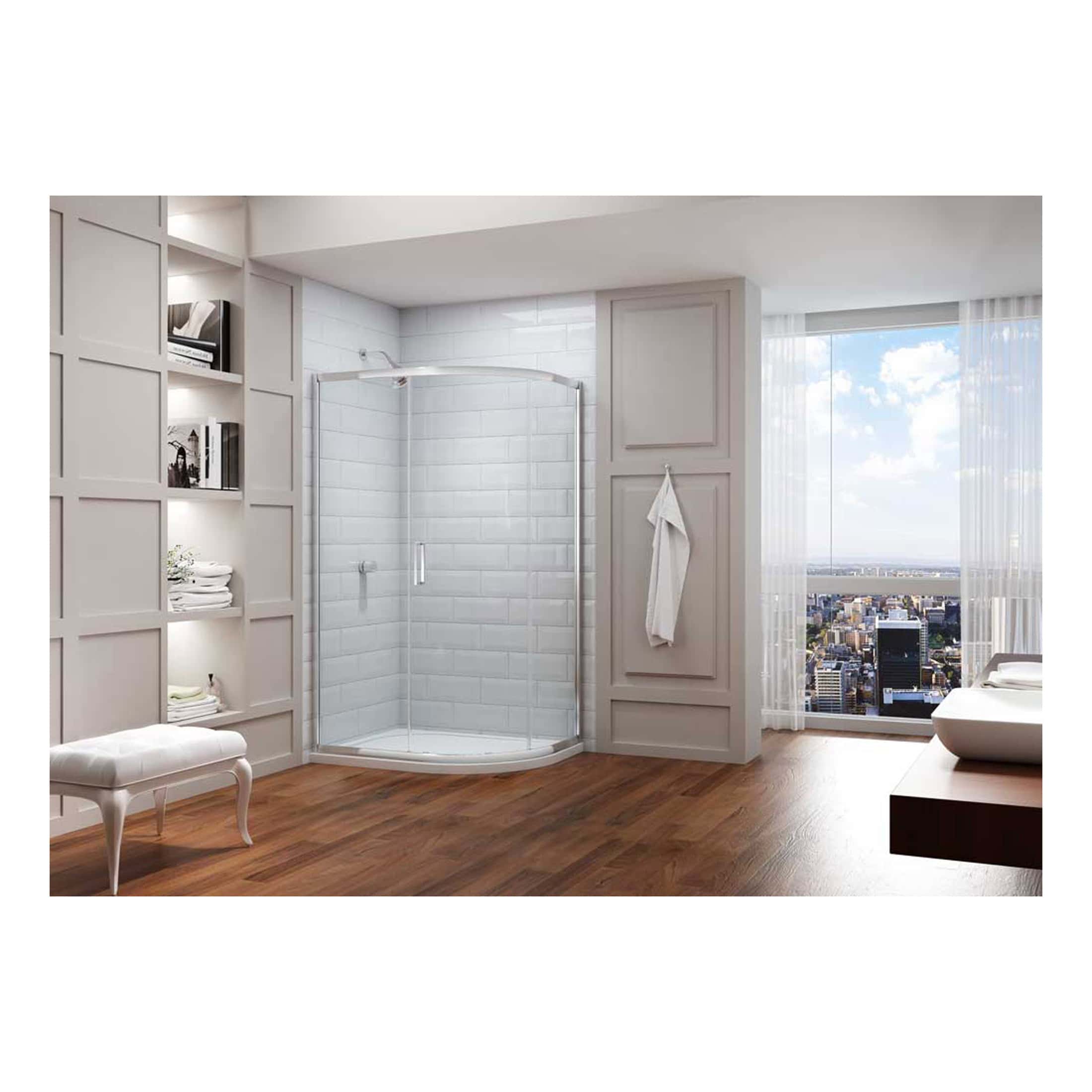 Modern white bathroom with shower enclosure and large window offering city views, featuring elegant panelled walls, wooden flooring, and contemporary design elements for luxury bathroom renovation.