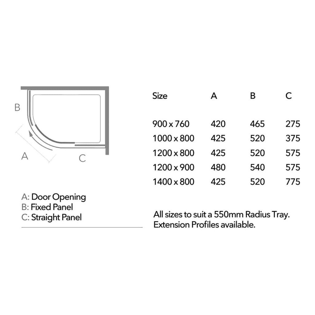 900 x 760 shower tray with dimensions suited for corner installation, featuring door opening, fixed panel, and straight panel options for optimal bathroom space.