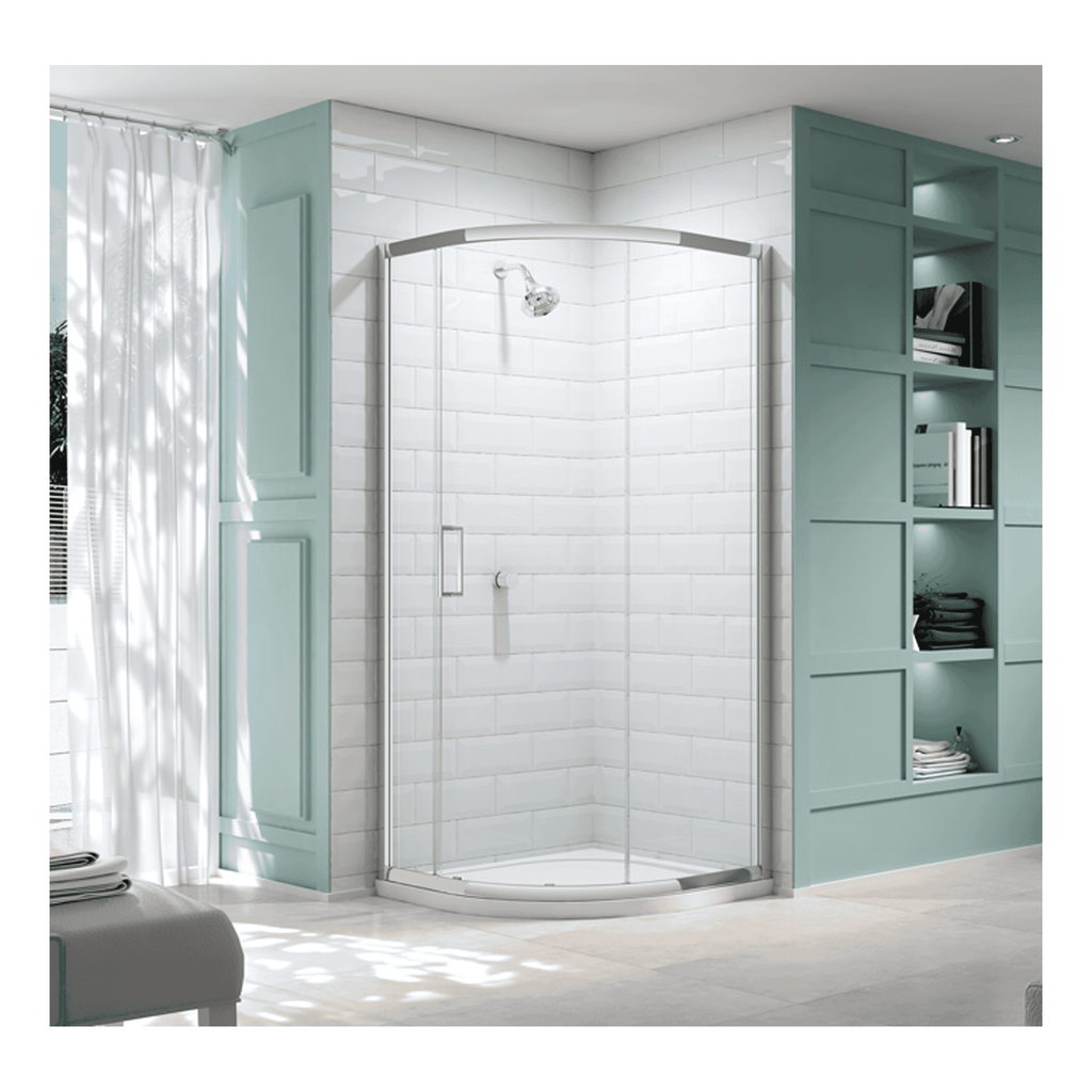 Spacious corner shower enclosure with clear glass doors, modern bathroom design featuring white subway tiles and teal cabinetry, perfect for contemporary bathroom renovations.