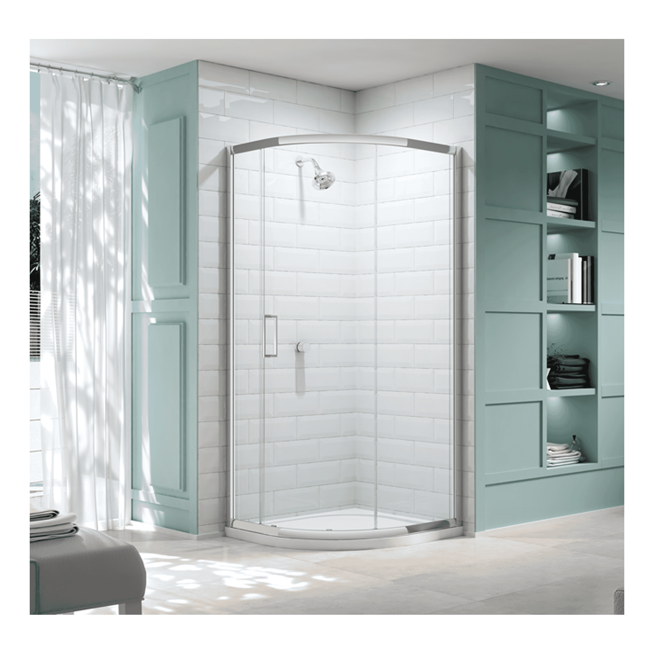 Spacious corner shower enclosure with clear glass doors, modern bathroom design featuring white subway tiles and teal cabinetry, perfect for contemporary bathroom renovations.