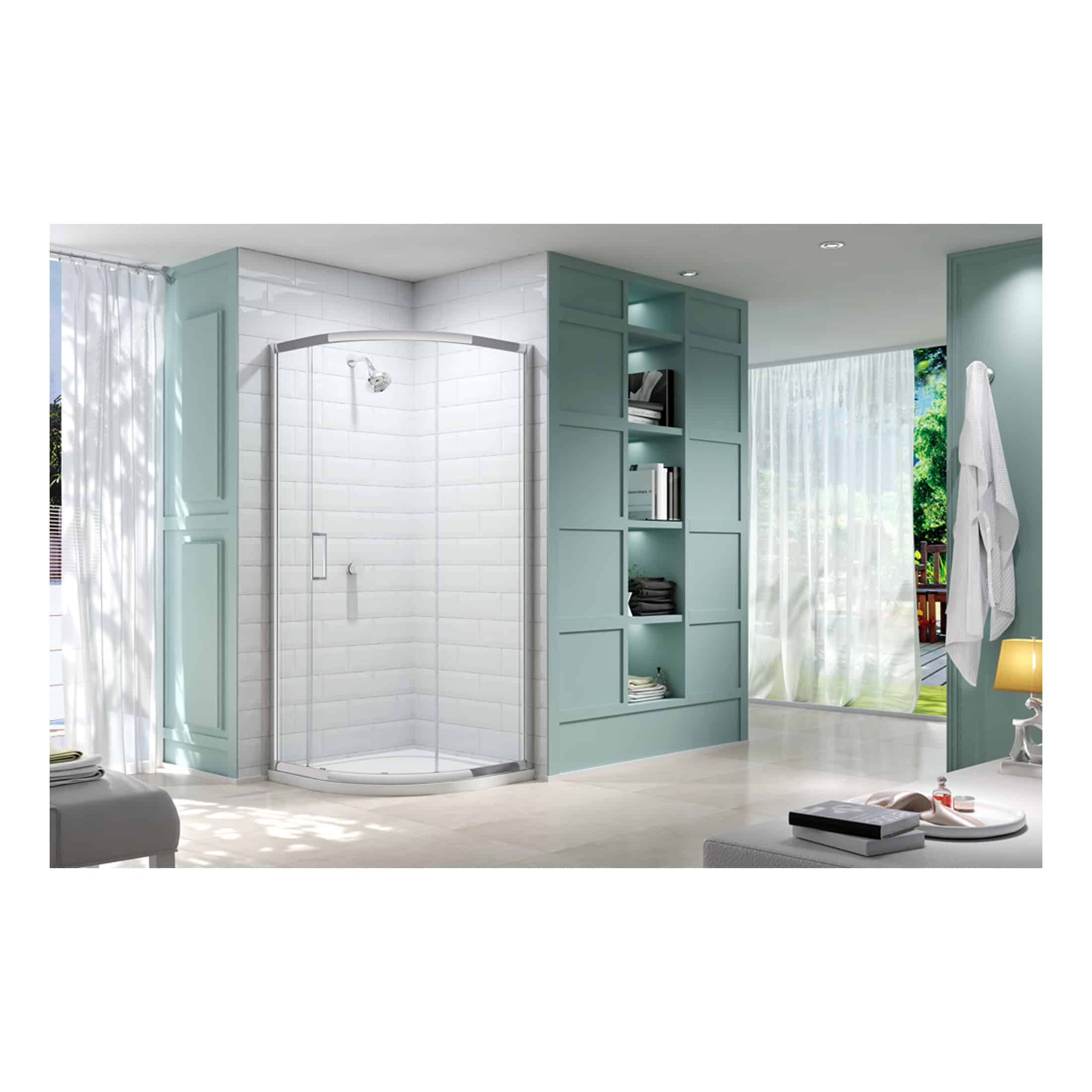 Modern corner shower with clear glass enclosure and white subway tiles, situated in a stylish bathroom with light blue cabinetry, large window with sheer curtains, and bright natural lighting.