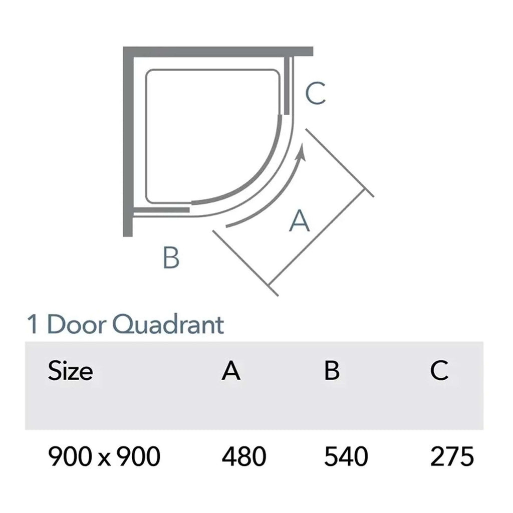 Compact shower enclosure dimensions with label A (480mm), B (540mm), and C (275mm). Ideal for small bathrooms, offering a modern design and space-efficient fit for 900 x 900mm shower spaces.