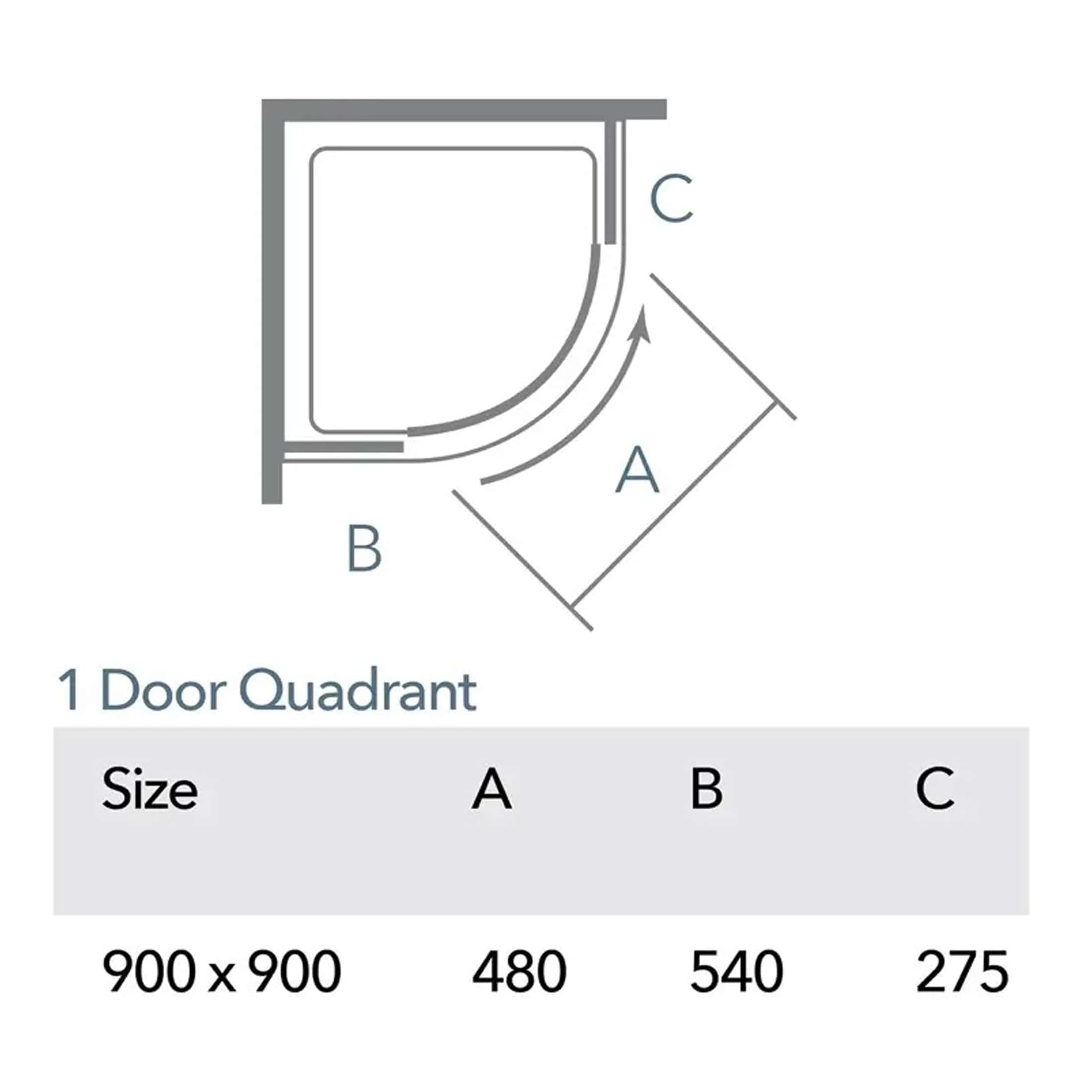 Compact shower enclosure dimensions with label A (480mm), B (540mm), and C (275mm). Ideal for small bathrooms, offering a modern design and space-efficient fit for 900 x 900mm shower spaces.