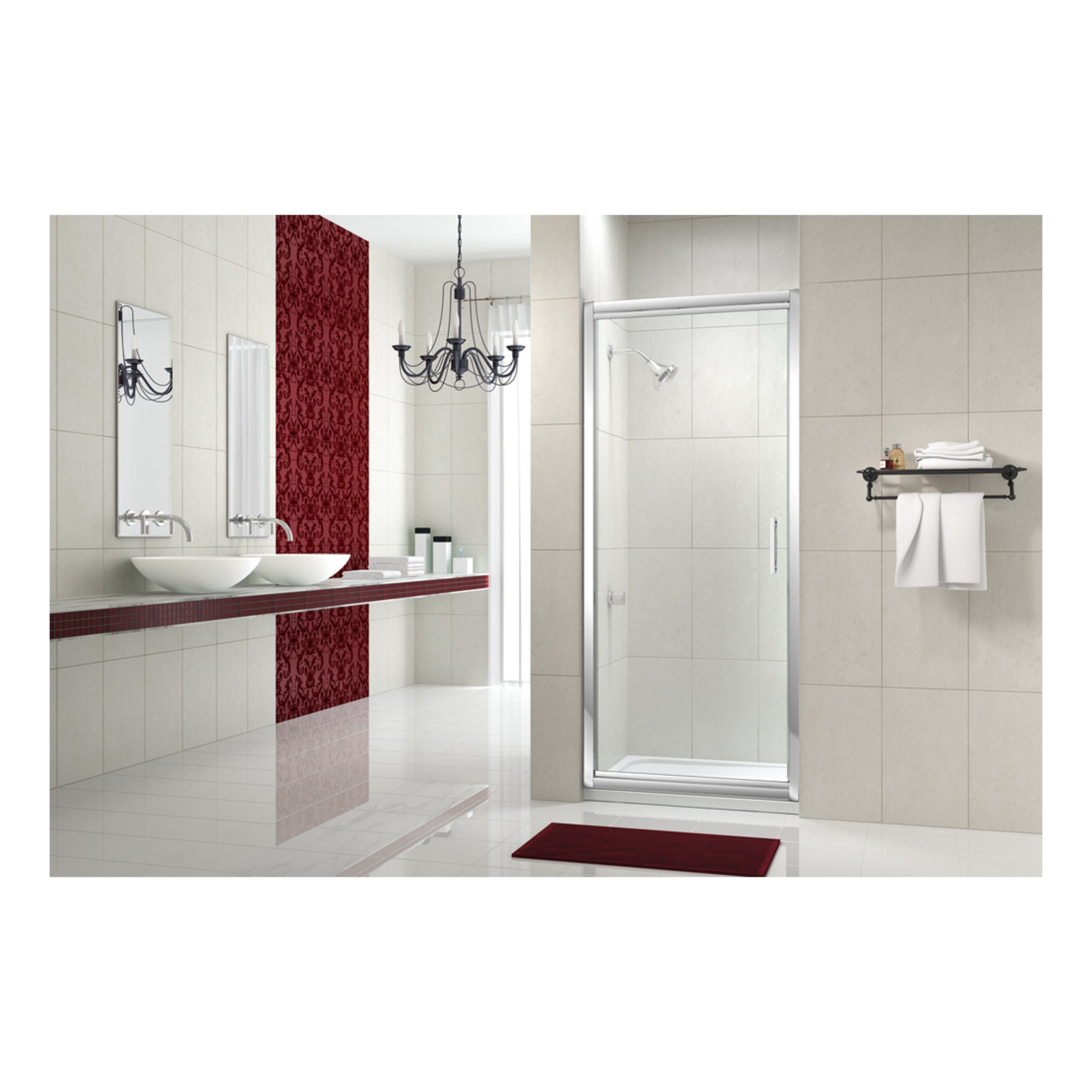 Sleek modern bathroom with dual vessel sinks, a stylish red accent wall, a walk-in shower with glass door, elegant chandelier, and matching red bath mat for a luxurious bathroom design.